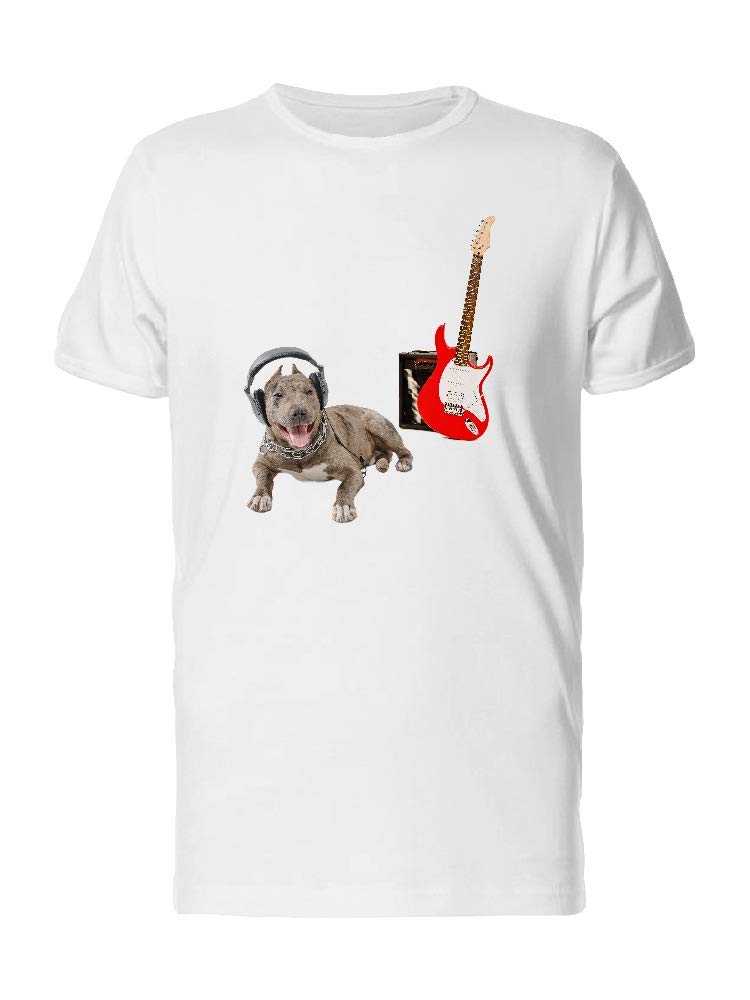 Pit Bull Wearing Headphones Playing Electric Guitar with Amplifier Graphic T-Shirt for Men - Cool Rock Music Band Tee for Concerts & Casual Wear