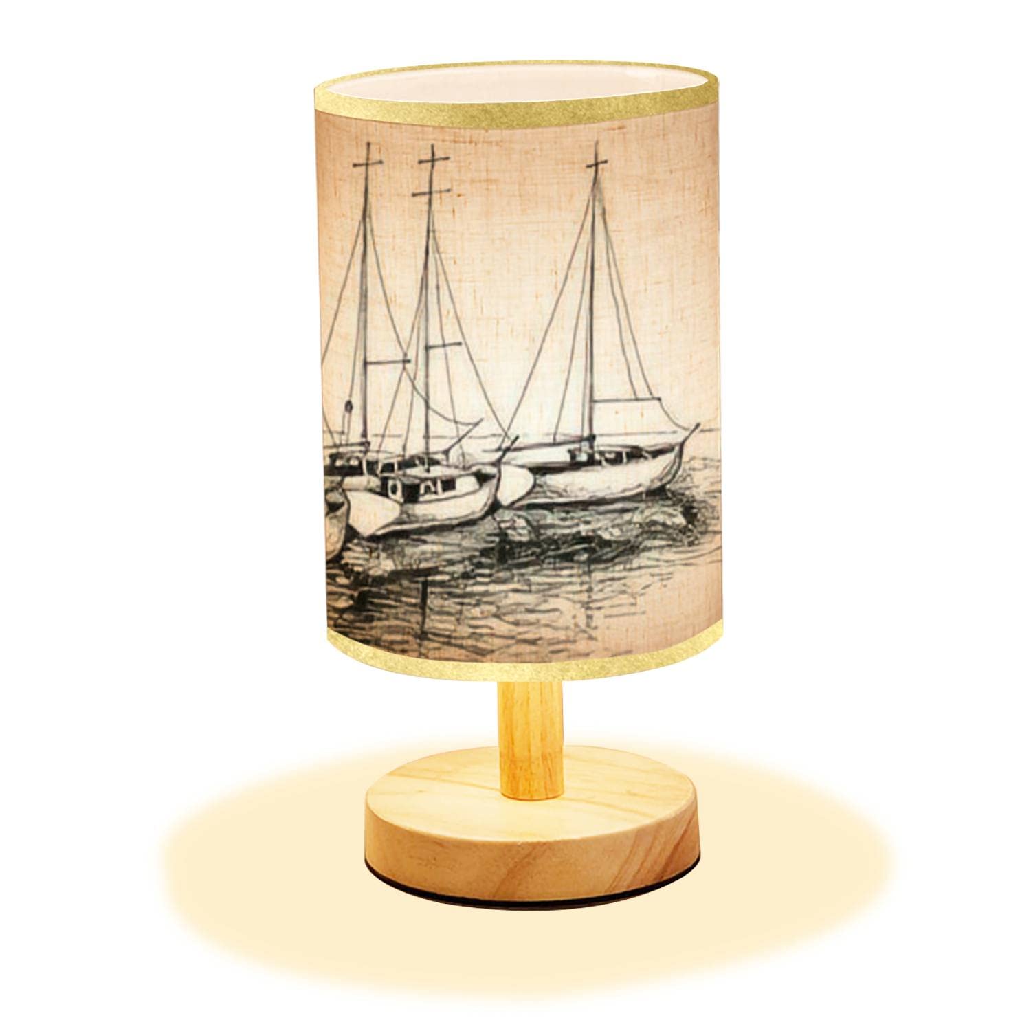 Minimalist Wooden Nightstand Lamp with Flaxen Fabric Shade - Artistic Nautical Boat Drawing Design - Bedside Table Lamp for Bedroom, Living Room, Office & Study - Perfect for Reading, Relaxing & Creating Cozy Ambiance