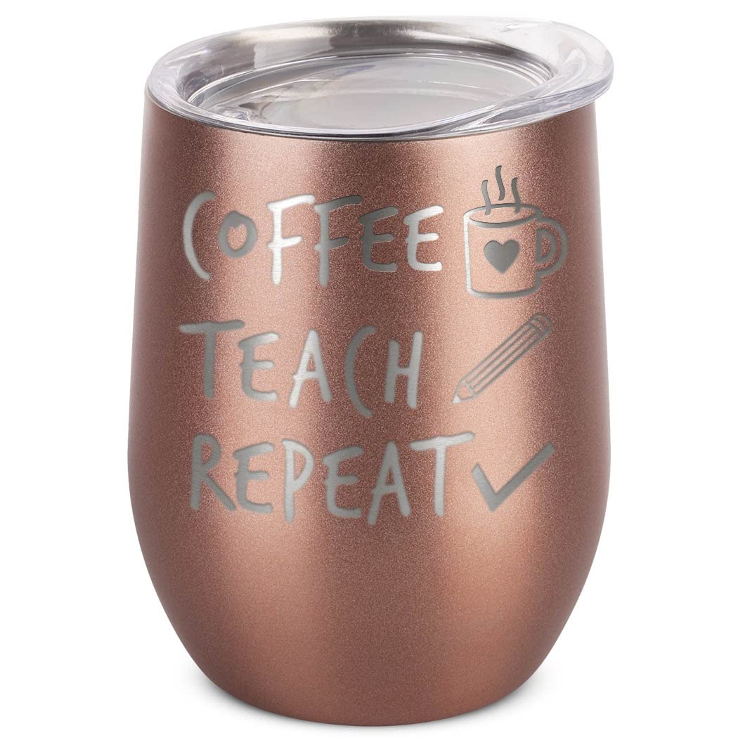 Shop4Ever Personalized Rose Gold Stainless Steel Insulated Wine Tumbler with Lid - Engraved Coffee Teach Repeat Design - Perfect for Gifts, Office Use & Outdoor Activities