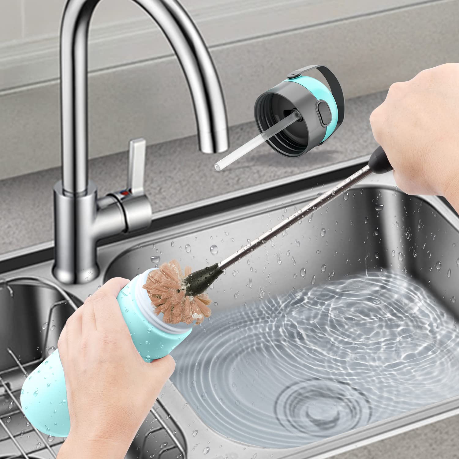 Stainless Steel Long Handle Water Bottle Brush - Flexible Scrubbing Brush for Cleaning Bottles, Baby Bottles, Glassware, Food Jars, Sports & Sobriety Jugs (15 Inch) - Perfect for Kitchen, Baby Care & Outdoor Activities