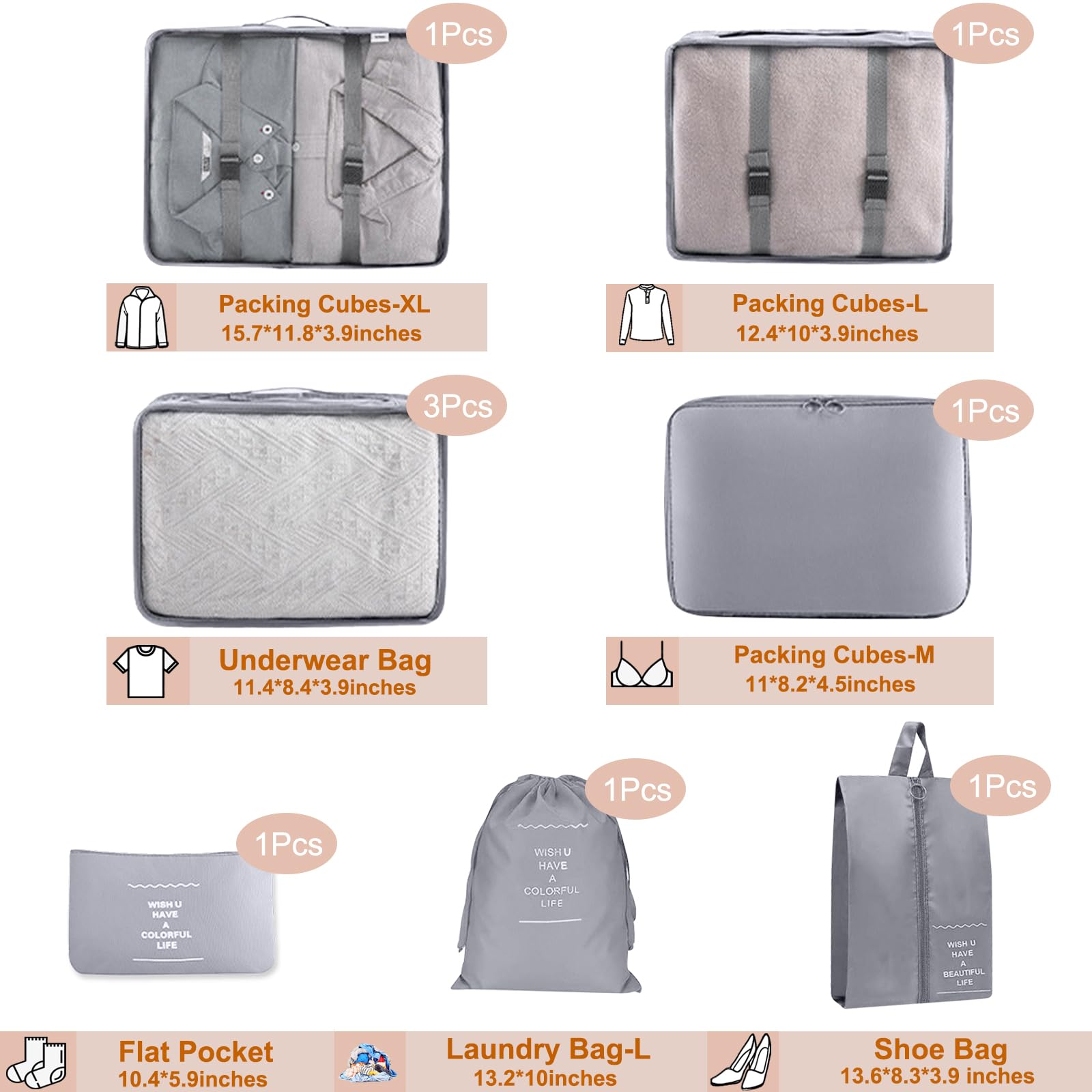 9-Piece Packing Cubes Set for Travel - Durable Mesh Luggage Organizer Bags for Suitcases | Breathable Travel Essentials for Family Vacations & Business Trips (Grey)