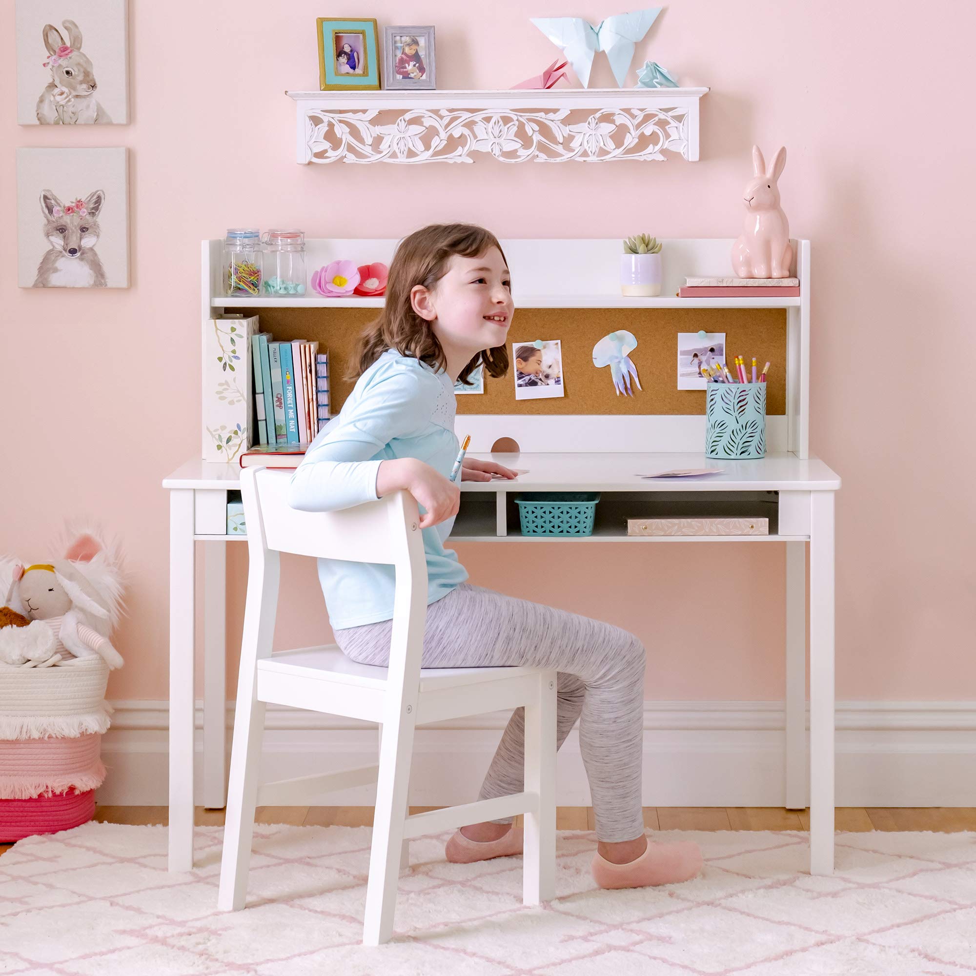 Guidecraft Martha Stewart Kids' Wooden Study Desk with Hutch, Chair & Storage - Cream White | Children's Bedroom Furniture Set with Corkboard for Ages 5-12 | Perfect for Homework, Art Projects & Study Space Organization