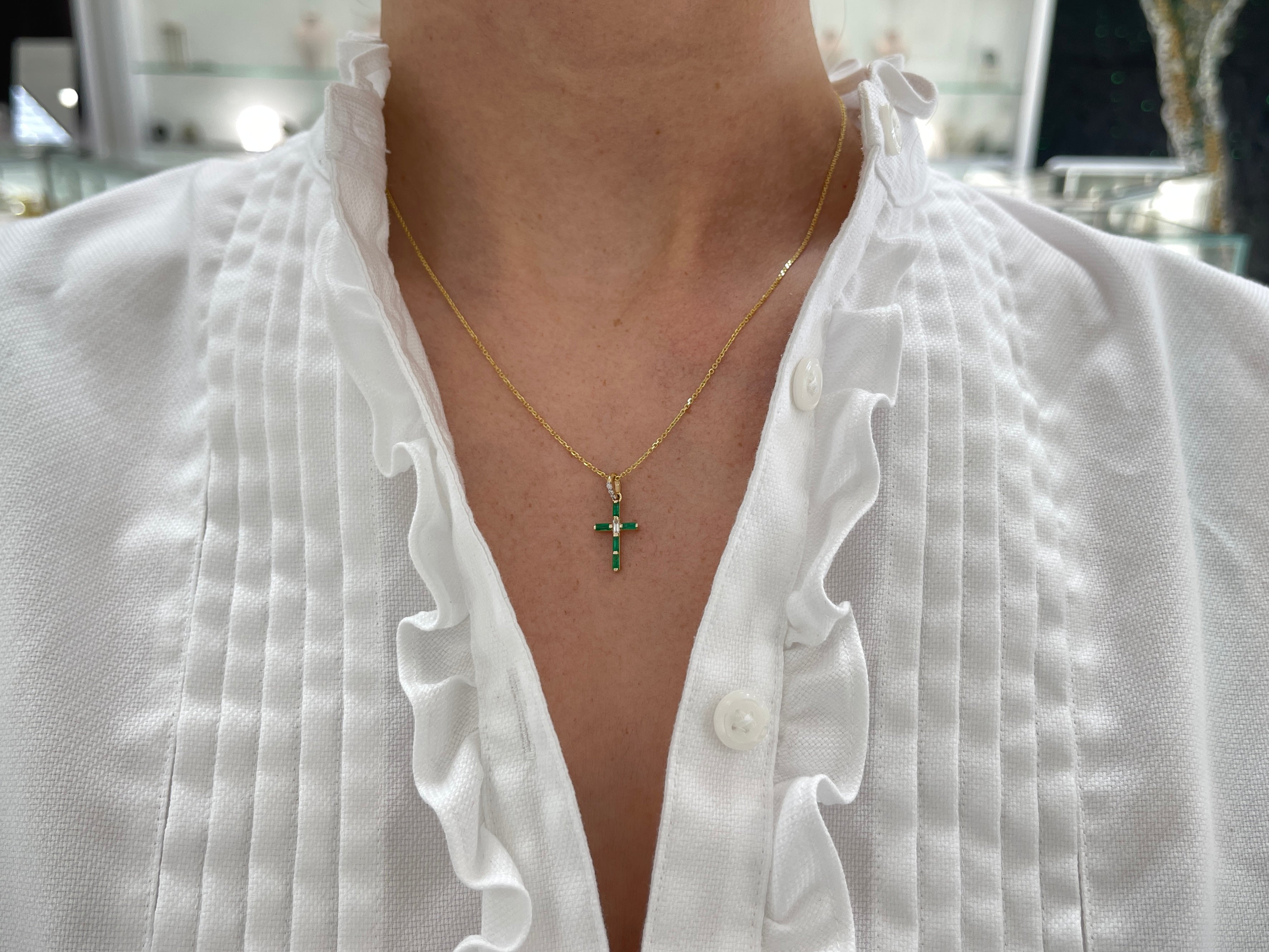 14K Gold Emerald Cross Pendant with Baguette & Round Diamonds - Elegant Religious Jewelry for Baptism, First Communion & Special Occasions