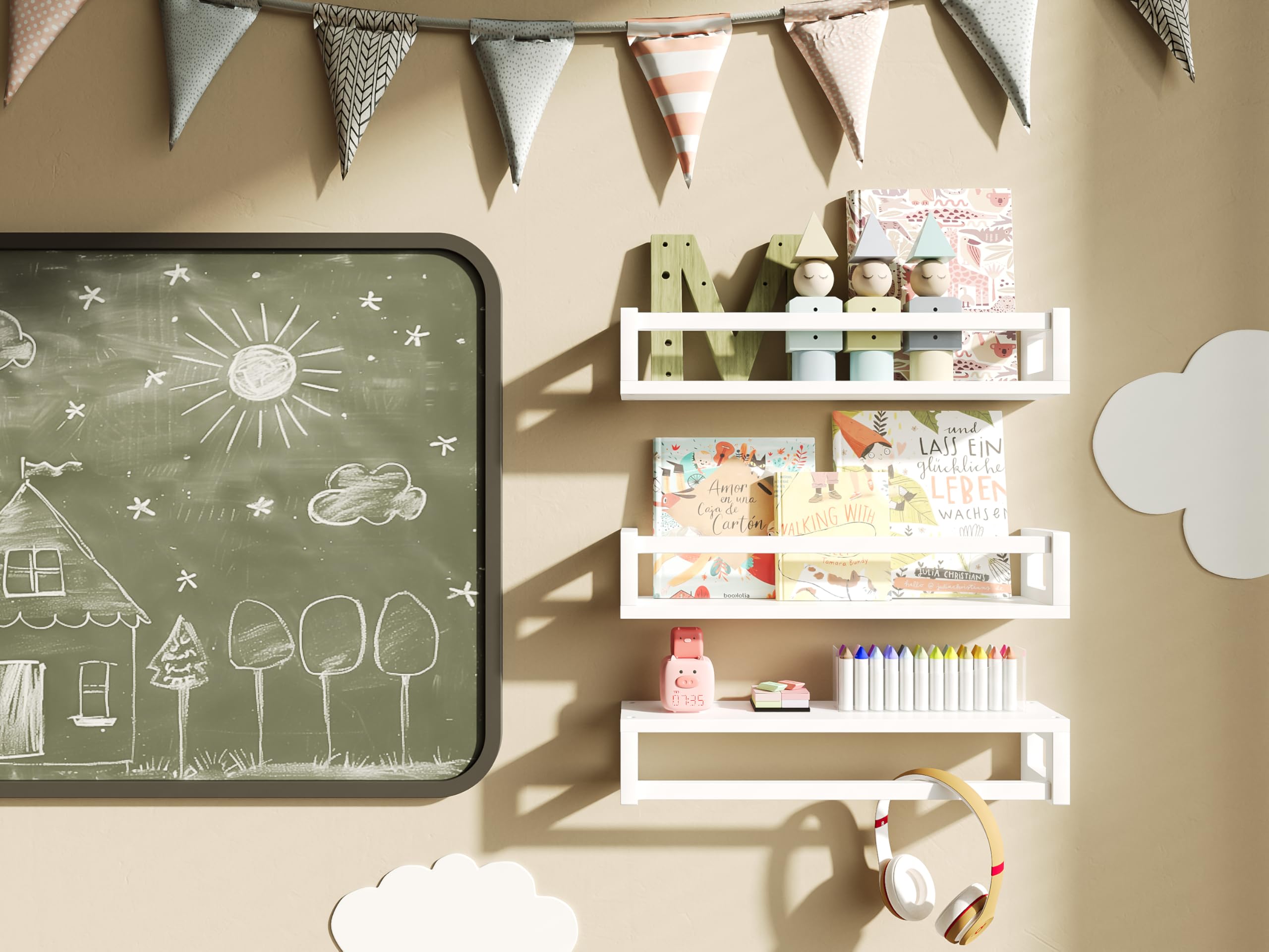 Upgraded Thick Floating Shelves - Multi-Purpose Wall-Mounted Bookshelves for Kids Room & Nursery, Perfect for Books, Toys, Spice Rack & Home Decor - White | Space-Saving Storage Solution for Bedroom, Living Room & Kitchen Organization