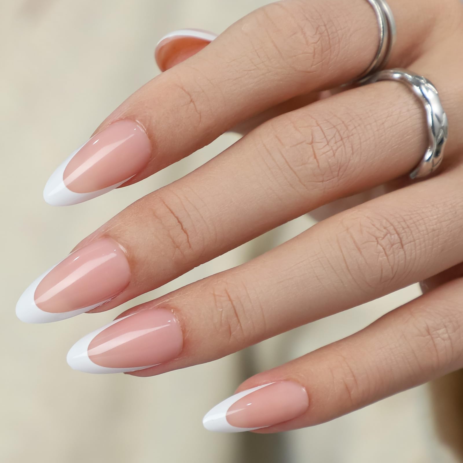 32 PCS Long Almond Nude Press on Nails - French Tip Gel Fake Nails Kit with Glue, 16 Sizes Reusable False Nails for Women, Includes Mini Nail File | Perfect for Parties, Weddings, and Everyday Glam