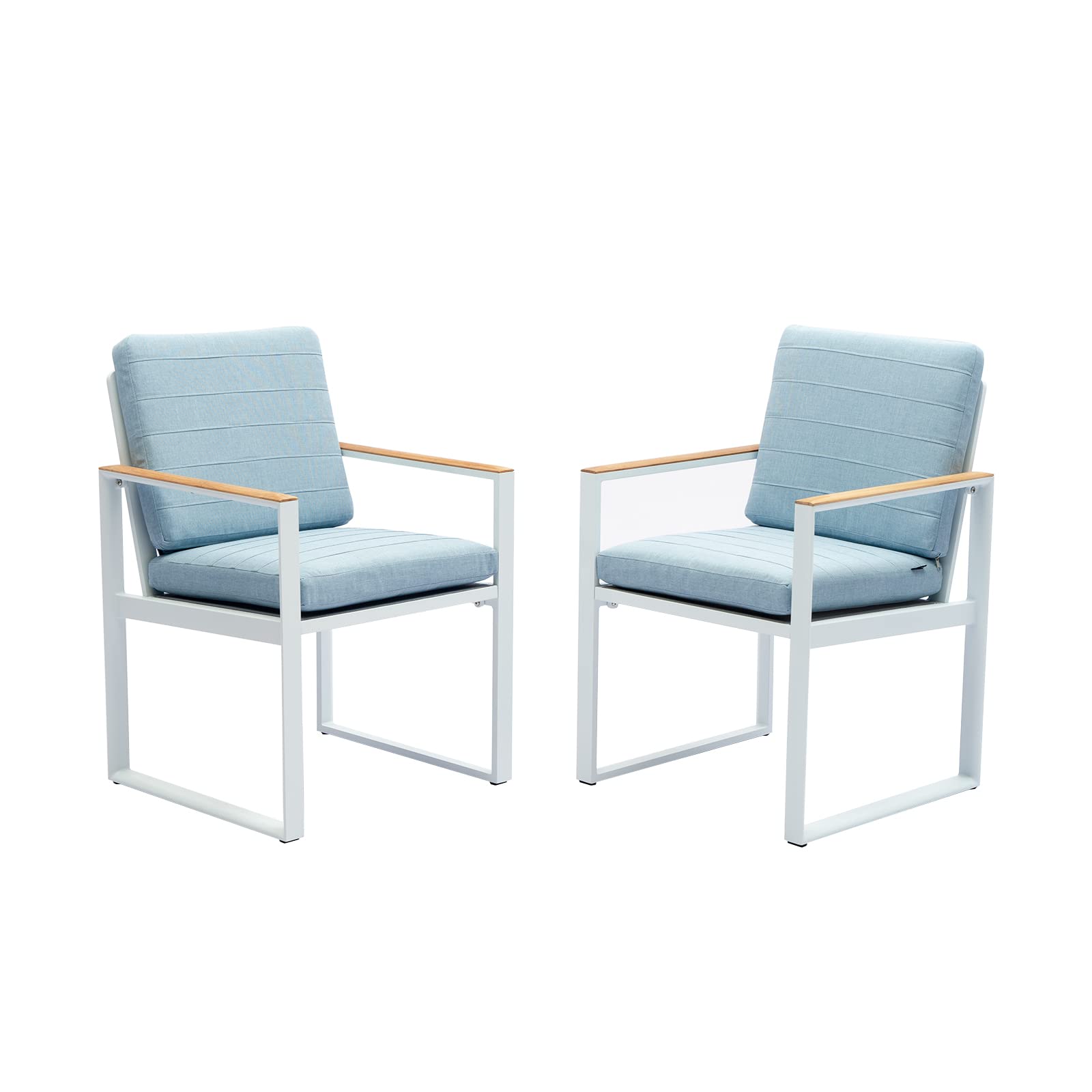 2-Piece White Aluminum Outdoor Dining Chair Set with Teak Armrests & Cushions - Patio, Garden & Backyard Furniture for Relaxing & Entertaining