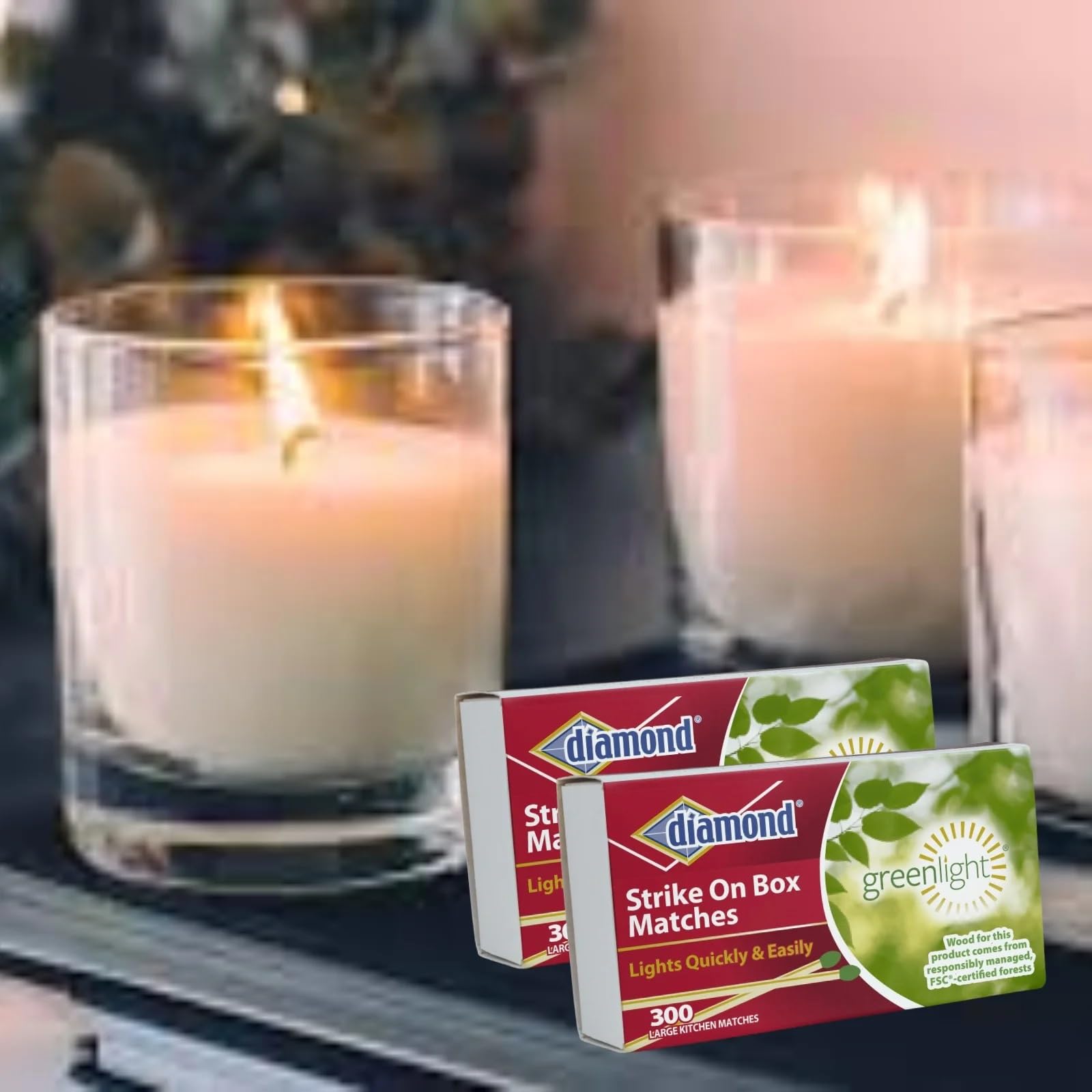 Premium Diamond Green Light Wooden Matches - Strike On Box, 300 Count (1 Pack) - Perfect for Fireplaces, Candles, Camping & Emergency Kits