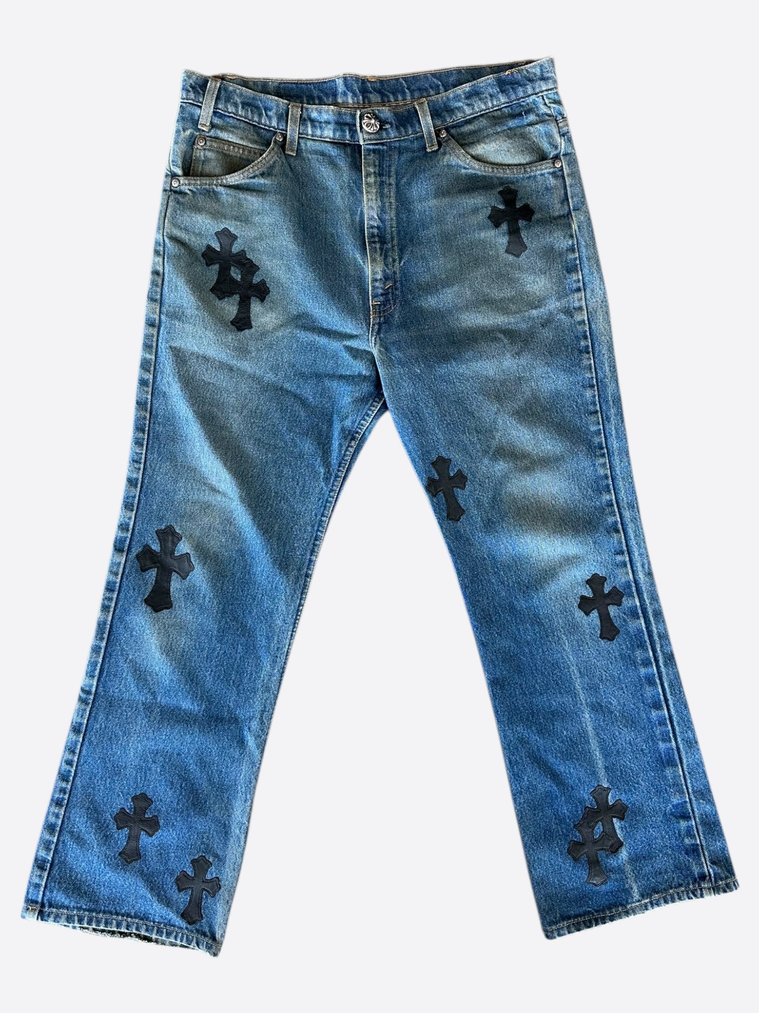 Chrome Hearts x Levi's Blue & Black Cross Patch Denim Jeans for Men | Gothic Streetwear Fashion | Perfect for Concerts, Parties & Casual Outfits