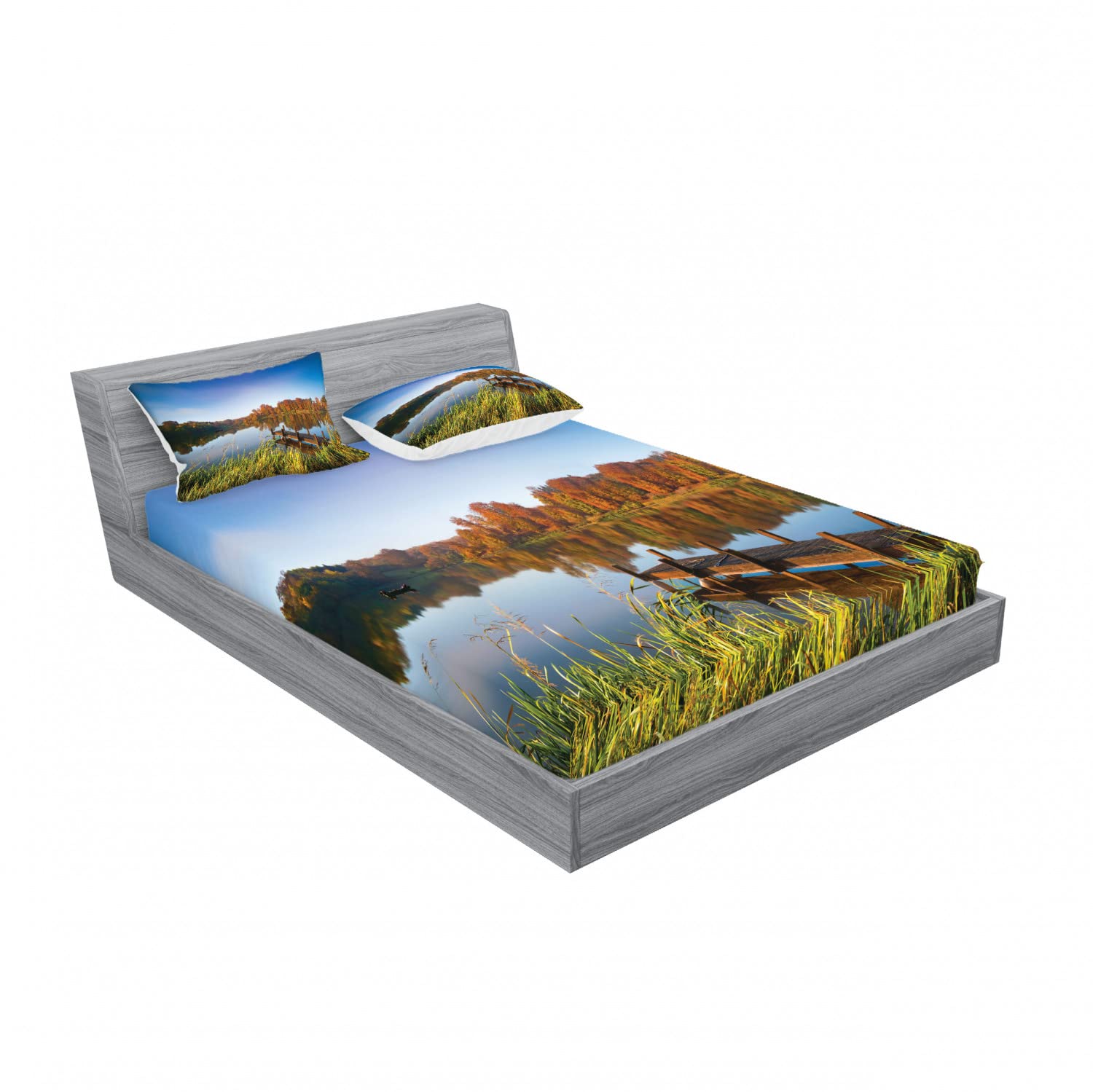 Ambesonne 2-Pack King Size Fitted Sheet Set with 4 Pillow Shams - Lake Fishing Scenery Design, 4-Piece Bedding Collection for Cozy Cabin Retreats & Nature-Inspired Bedroom Decor