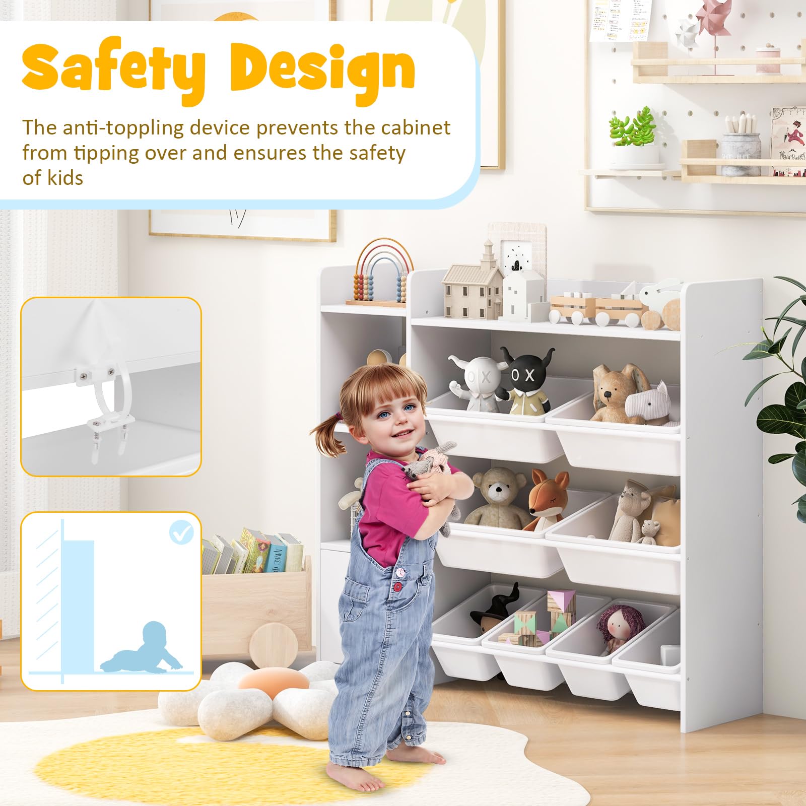 Costzon 4-Tier Kids Bookshelf & Toy Storage Organizer with 8 Bins & Cabinet Door - White | Space-Saving Toy Rack for Playroom, Nursery, Daycare & Kids Bedroom Organization