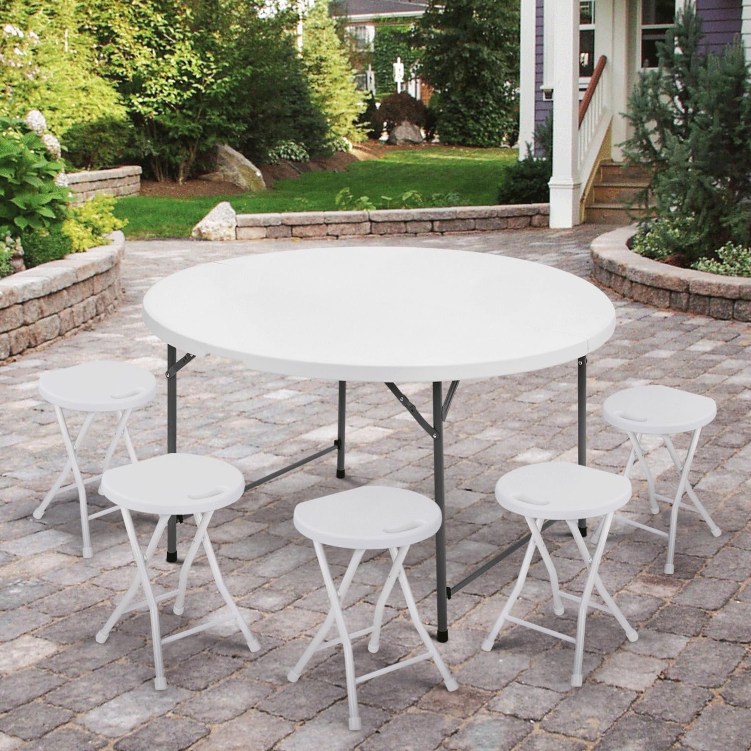 MoNiBloom 4.5Ft Round Folding Table - Portable Plastic Dining Table with Handle & Lock for Indoor Outdoor Use - Perfect for Picnic, Party, Banquet, Wedding (White)