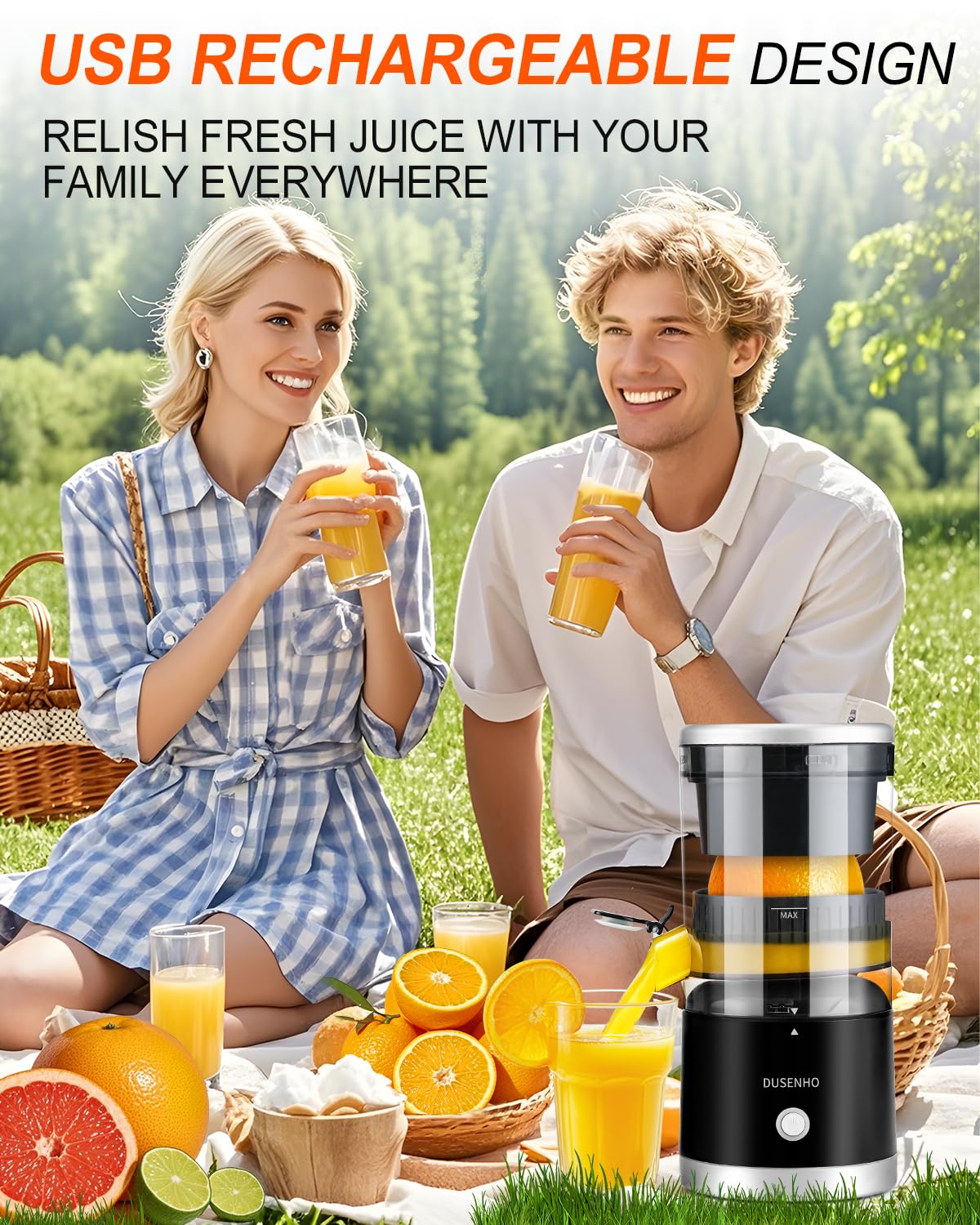 Rechargeable Electric Citrus Juicer - USB-Powered Portable Juicer Machine with Cleaning Brush for Oranges, Lemons & Limes | Perfect for Kitchen, Camping & Travel