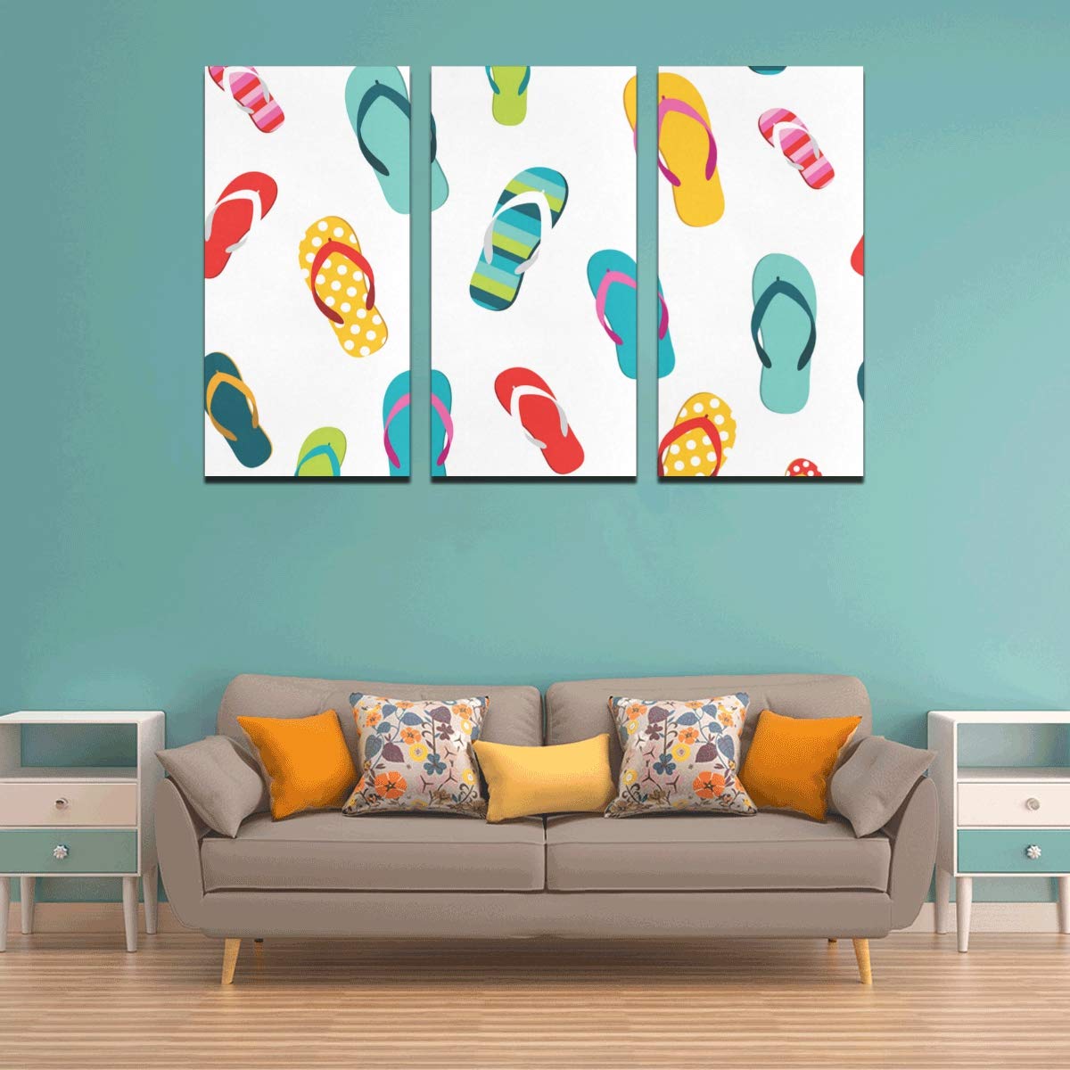 3 Panel Summer Flip Flop Canvas Prints - Colorful Kitchen & Bathroom Wall Decor for Home Living Spaces