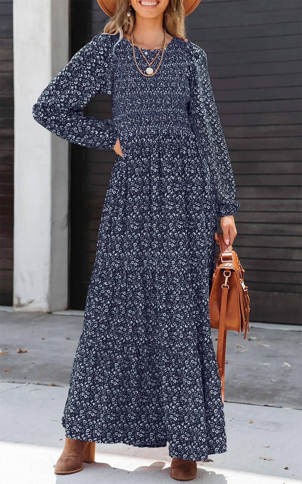 PRETTYGARDEN Women's Floral Maxi Dress Long Sleeve Smocked Tiered Summer Dress - Elegant Flowy Casual Midi Dress for Spring/Summer, Perfect for Beach Vacation, Date Night & Outdoor Parties