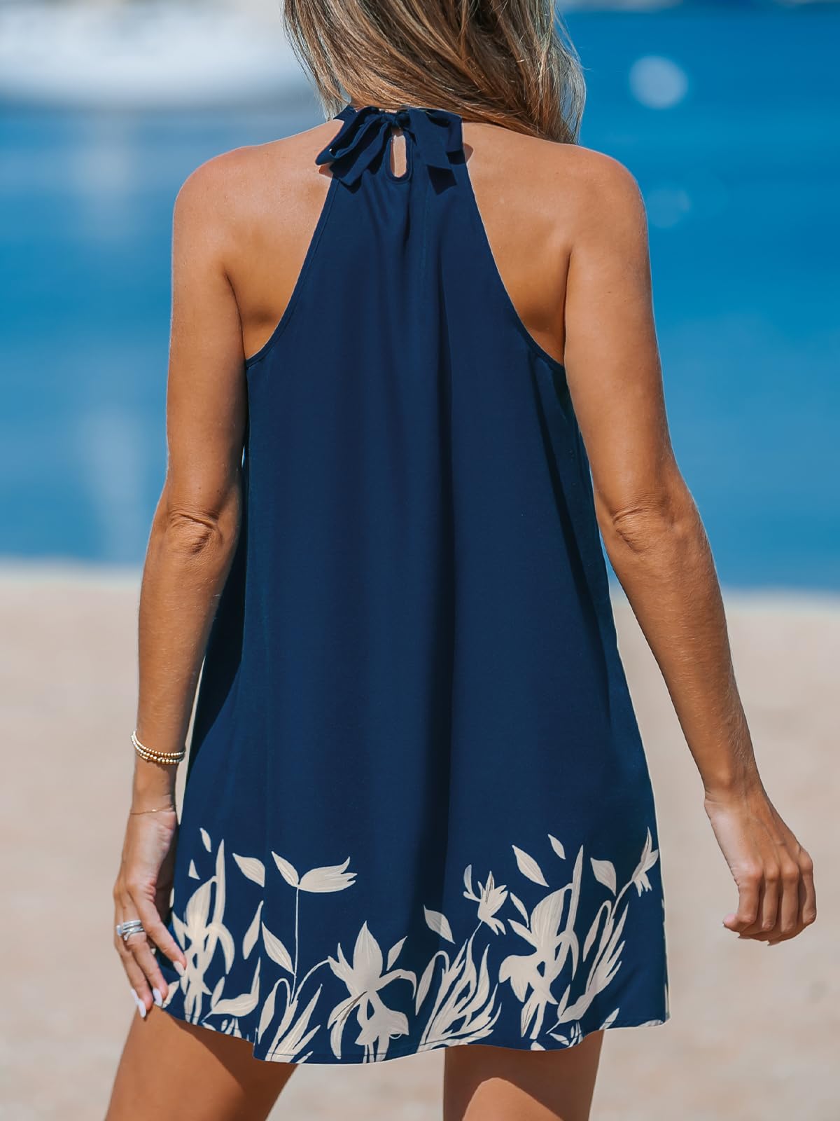 CUPSHE Women's Halter Cross Knot Neck Mini Beach Dress - Back Tie A-Line Half Backless Summer Dress for Casual Wear, Beach Vacations & Pool Parties