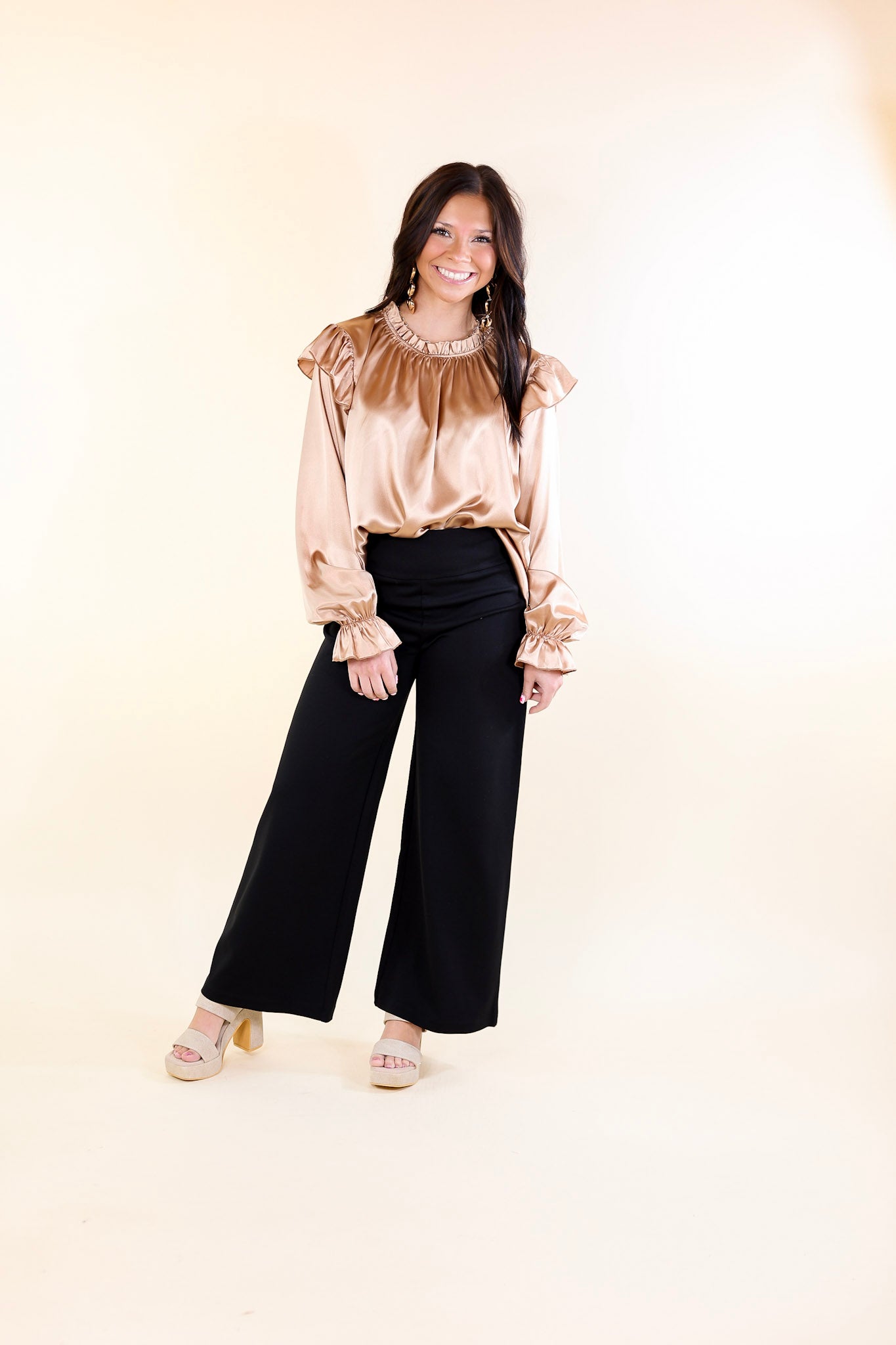 Can't Stop Me Ruffle Mock Neck Long Sleeve Satin Blouse in Champagne | Elegant Women's Fashion Top for Party, Date Night & Office Wear