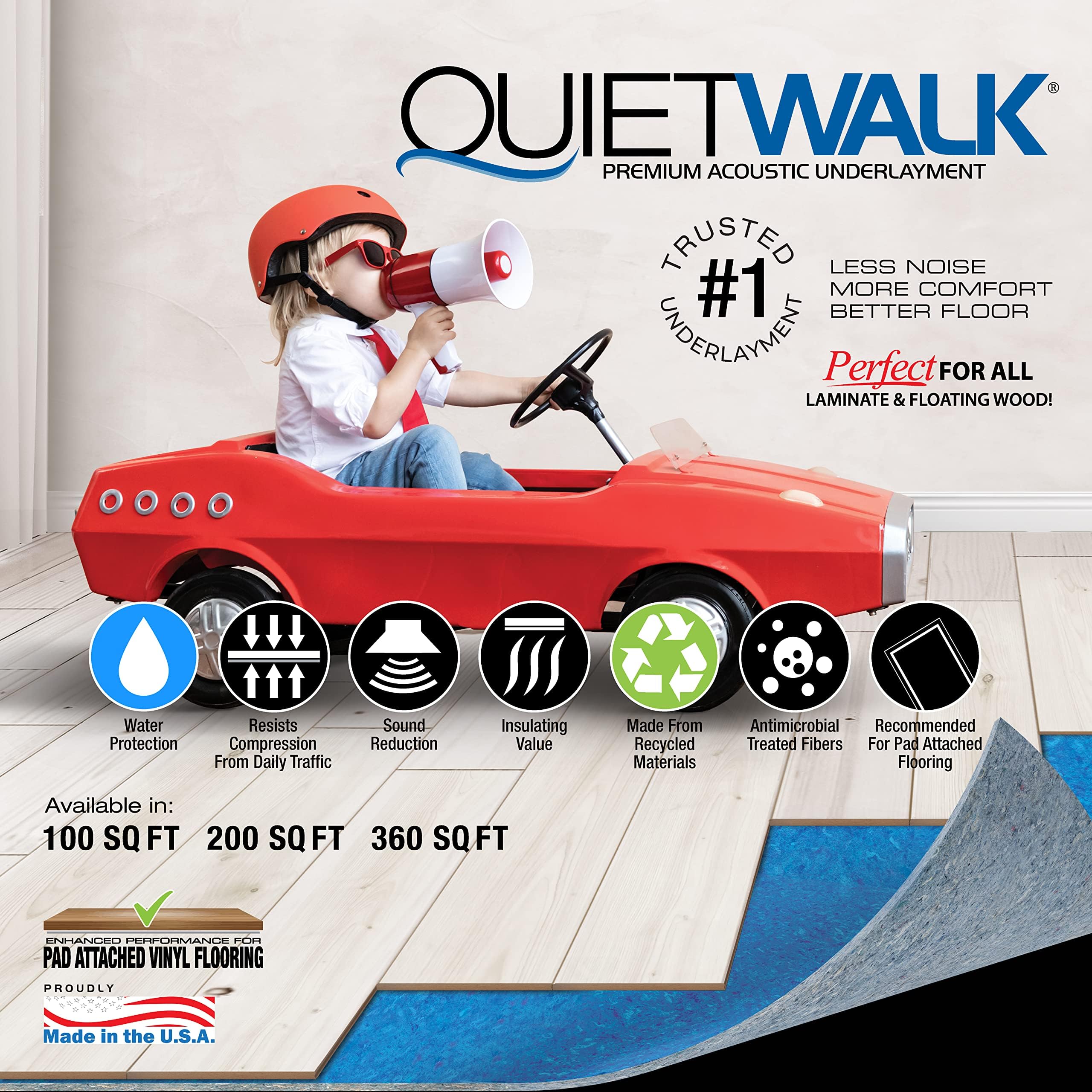 QuietWalk Laminate & Floating Wood Floor Underlayment with Vapor Barrier - Soundproof, Moisture Resistant, Durable 3'x66.8' Roll (200 sq ft) for Home, Office & Basement Flooring Installation