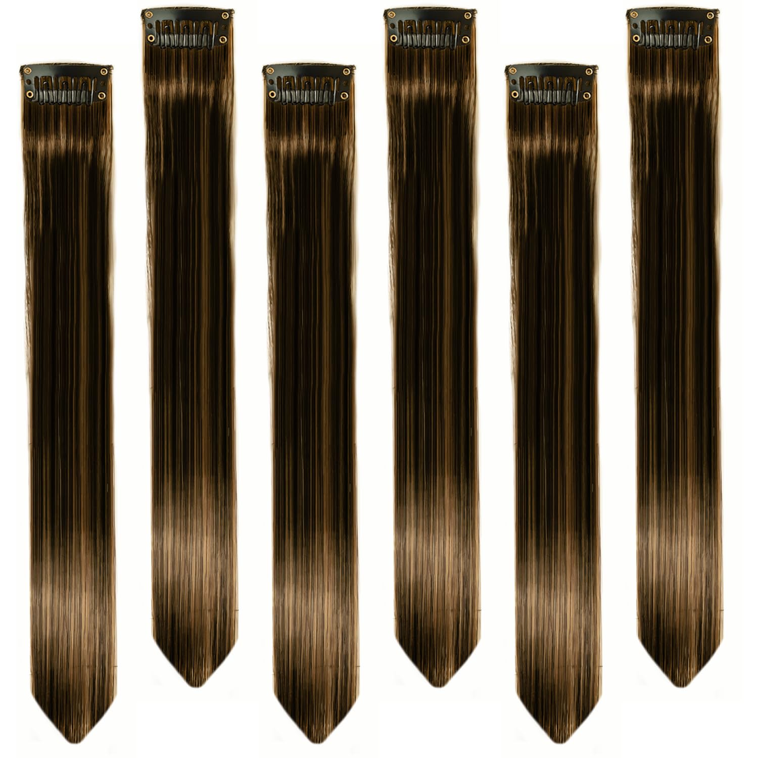 Paradise® 22 Inch Brown & Golden Highlights Clip-in Hair Extensions - 6 Pack Straight Synthetic Hair Streaks for Women & Girls, Two-Tone Funky Party Hair Accessories | Perfect for Cosplay, Halloween, Costume Parties & Daily Styling