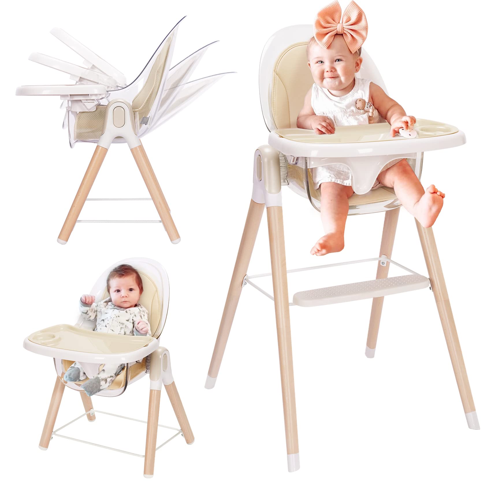 6-in-1 Convertible Wooden High Chair for Babies & Toddlers - Adjustable Reclining Seat with Hardwood Legs, Double Dishwasher-Safe Tray & Premium Leatherette - Perfect for Dining, Feeding & Playtime at Home or Restaurant