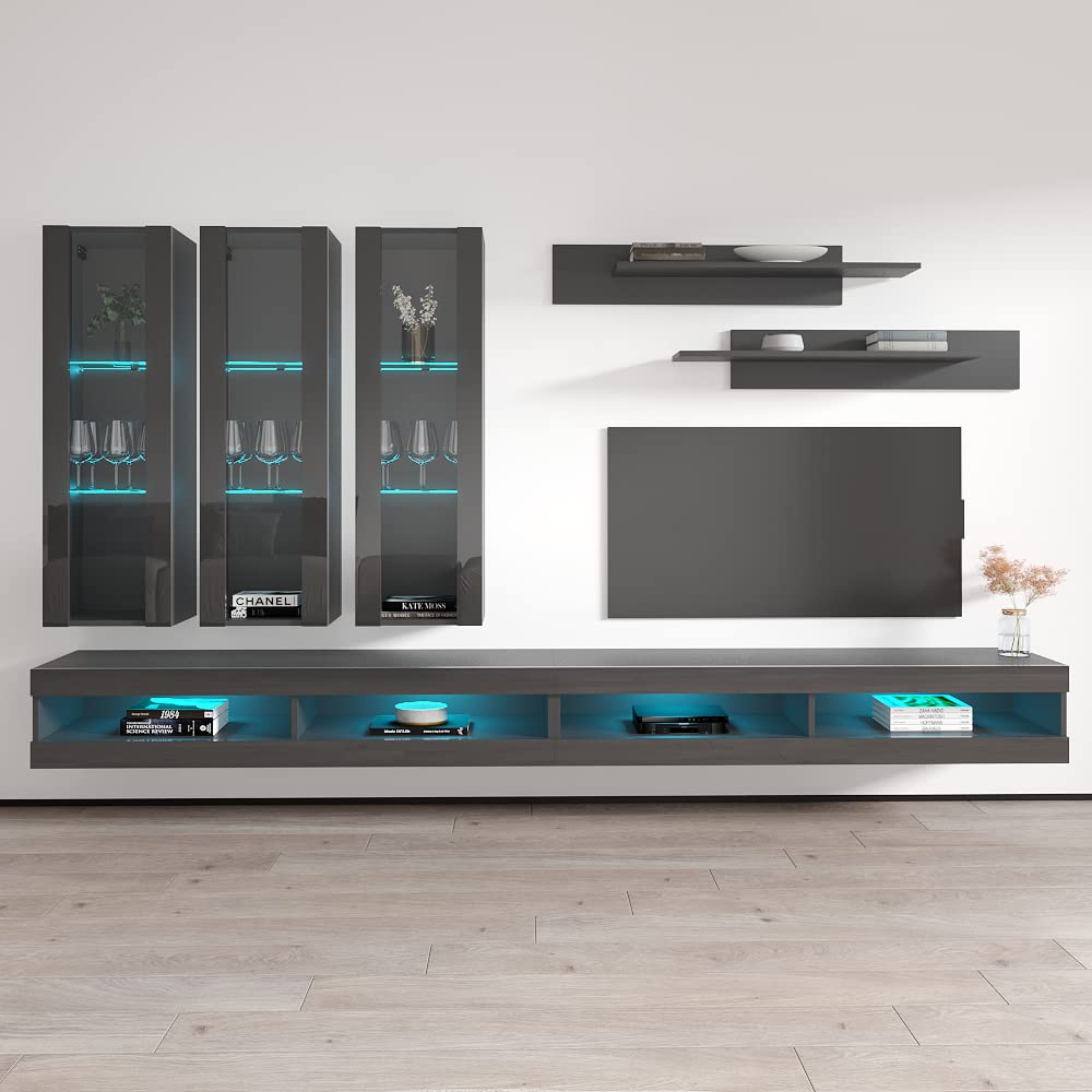 Modern Wall-Mounted TV Stand with Storage Shelves & LED Lights - 34