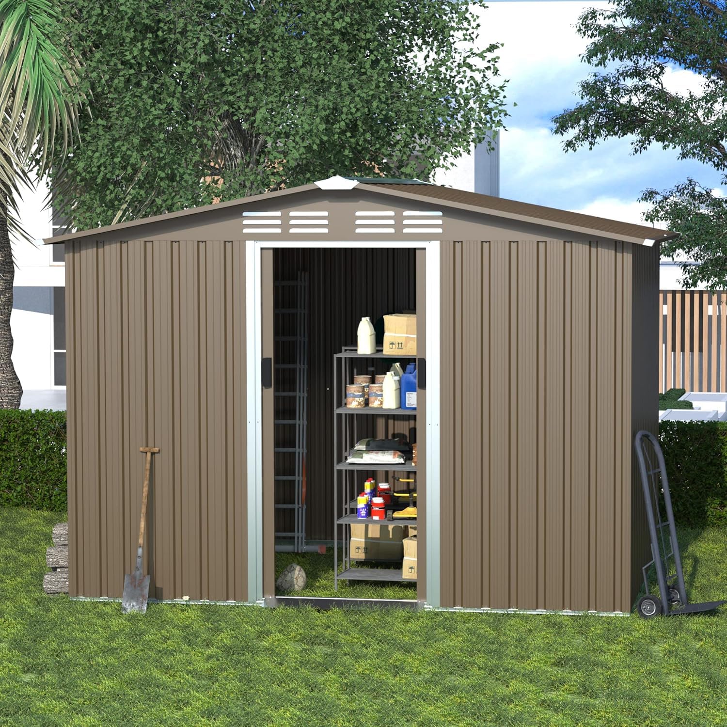 Kullavik 8FT x 6FT Waterproof Metal Outdoor Storage Shed with Lockable Sliding Door & Air Vents - Heavy Duty Garden Shed for Patio, Lawn, Backyard, Tools & Equipment Storage | Perfect for Home, Garage & Yard Organization