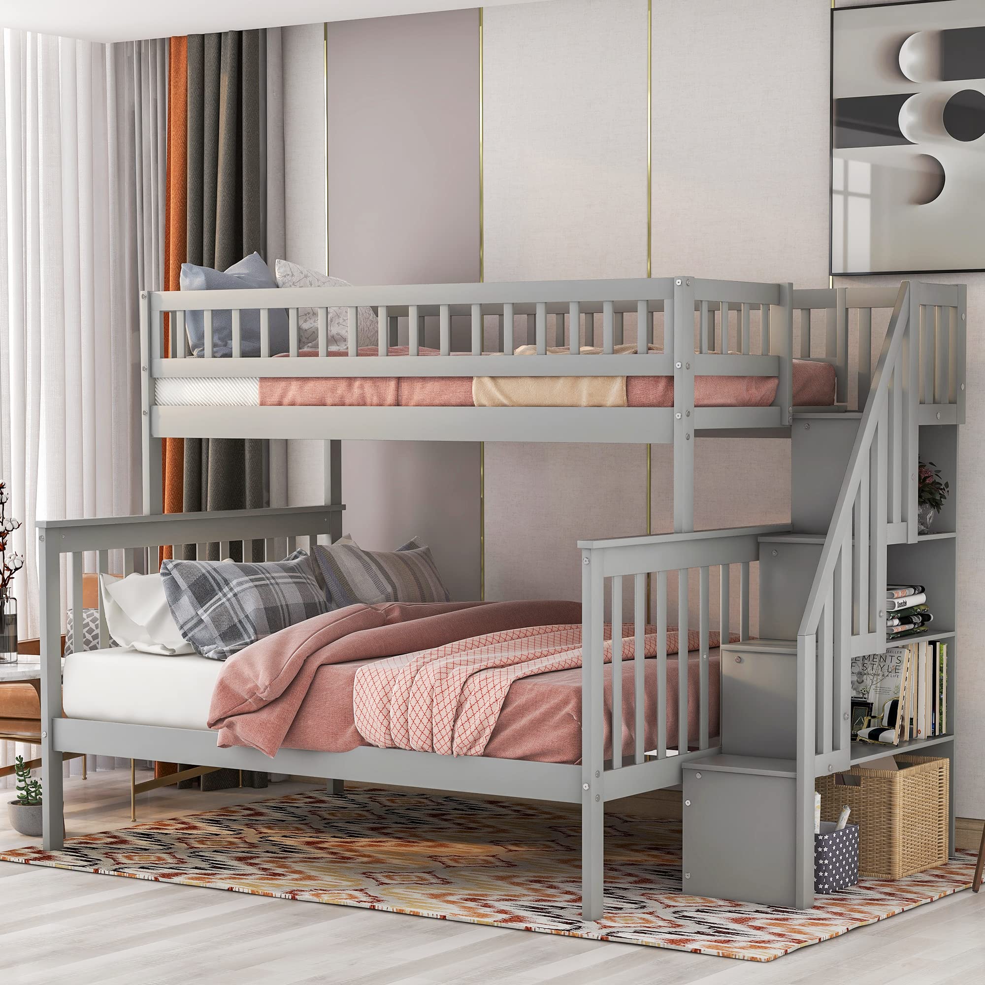 Kids Bunk Bed with Ladder & Storage Stairs - Twin Over Full Bunk Bed Frame with Full-Length Guardrail for Bedroom, Dorm, Teens & Adults - Converts to 2 Separate Beds - Space-Saving Grey Bunk Bed for Small Rooms & Shared Kids' Bedrooms
