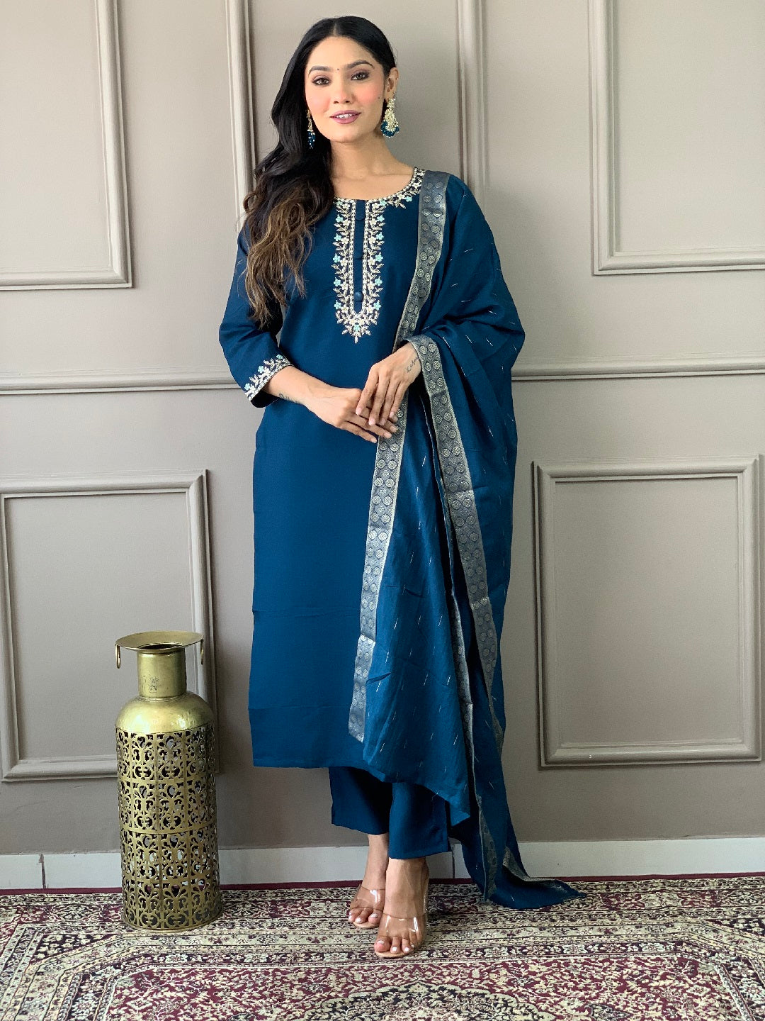 Elegant Blue Embroidered Pant Suit for Women - Designer Ready-to-Wear Formal Outfit - Perfect for Weddings, Parties & Office Wear