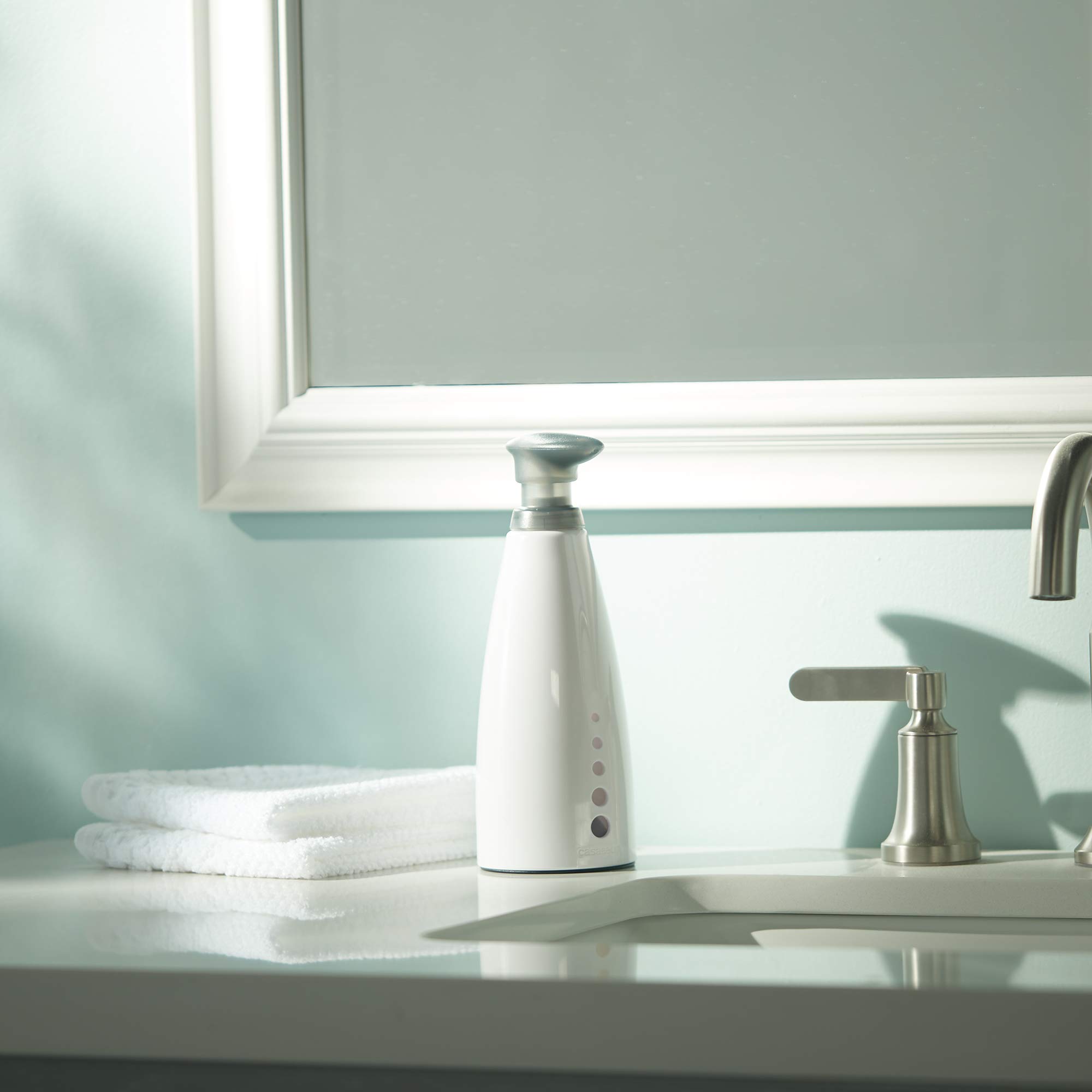 Casabella Sink Sider 14-oz. Soap Dispenser with Filling Funnel - Gray & White Multipurpose Pump Bottle for Kitchen, Bathroom, and Office Use