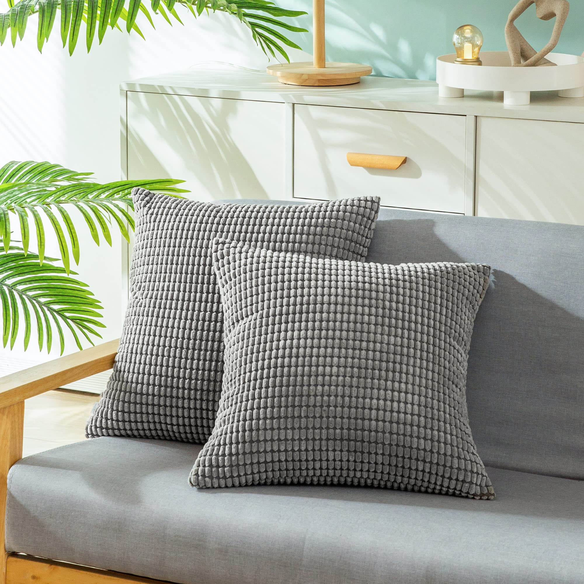 Premium Corduroy Throw Pillow Covers Set of 2 - 26x26 Inch Farmhouse Striped Waffle Design Cushion Cases for Sofa, Couch & Bed - Medium Grey - Perfect for Living Room Decor & Cozy Home Styling