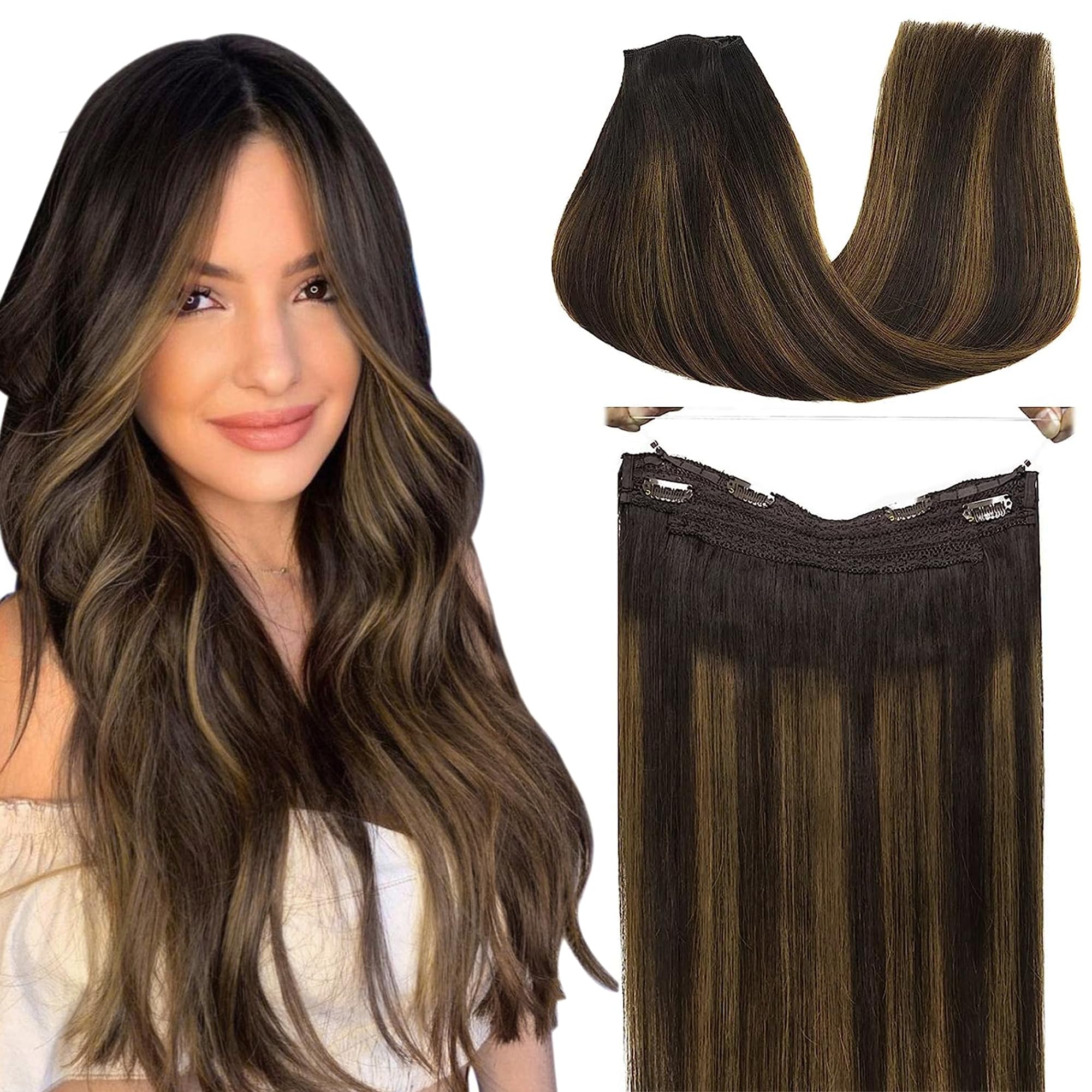 GOO GOO Invisible Wire Hair Extensions 18inch 95g - 100% Human Hair Clip-ins with Transparent Seamless Fish Line, 2/6/2 Dark Brown & Chestnut Balayage Highlights | Perfect for Parties, Weddings, Cosplay & Daily Styling