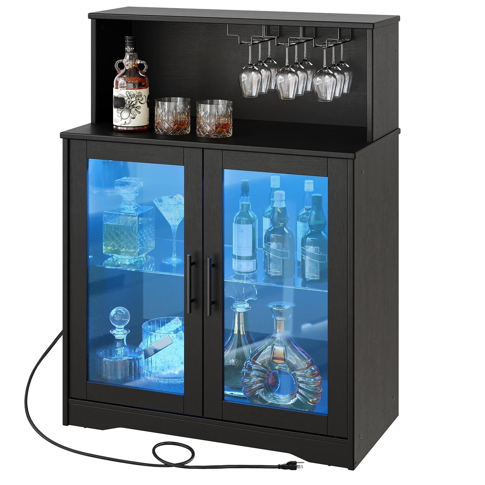 HOOBRO Freestanding Wine Bar Cabinet with LED Lights & Power Outlets - Modern Kitchen Bar Storage for Wine Glasses, Liquor Bottles & Coffee Essentials - Perfect for Living Room, Dining Room & Home Entertainment Areas (Black, Model BK78UDJG01)