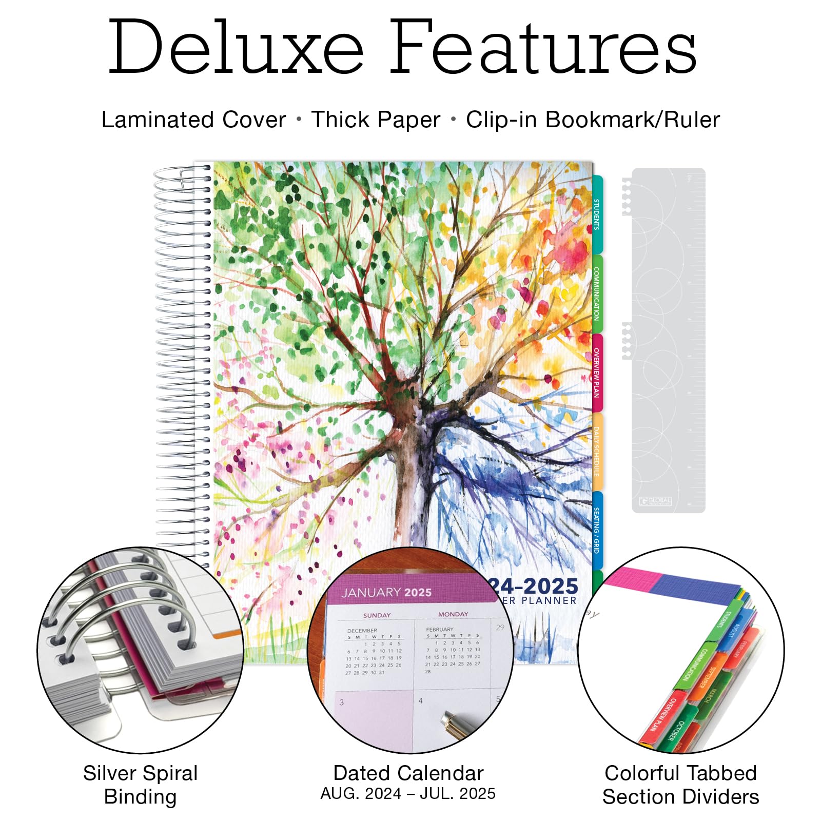 2024-2025 Deluxe Teacher Planner - 8.5x11 Academic Year Organizer with Daily/Weekly/Monthly Layout, 7 Period Sections, Pocket Folder, Dated Calendar, Page Tabs & Stickers (Tree Seasons Design) - Perfect for Classroom Organization, Lesson Planning & Teacher Productivity
