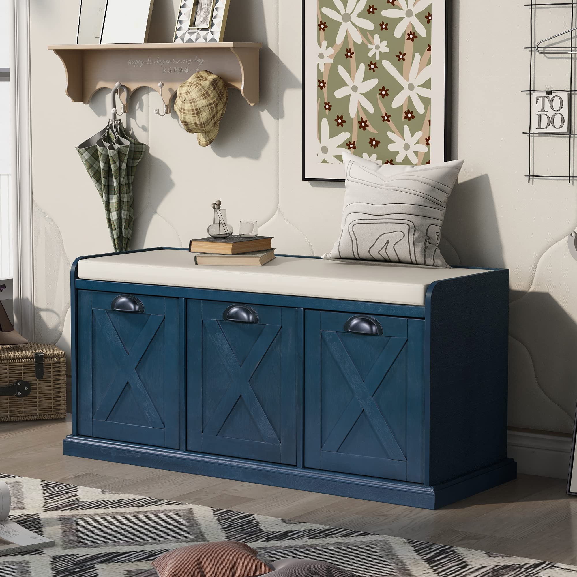 Rustic Solid Wood Storage Bench with 3 Drawers & Velvet Removable Cushion - Entryway Shoe Bench for Hallway, Living Room (Espresso) | Perfect for Small Space Organization & Home Decor
