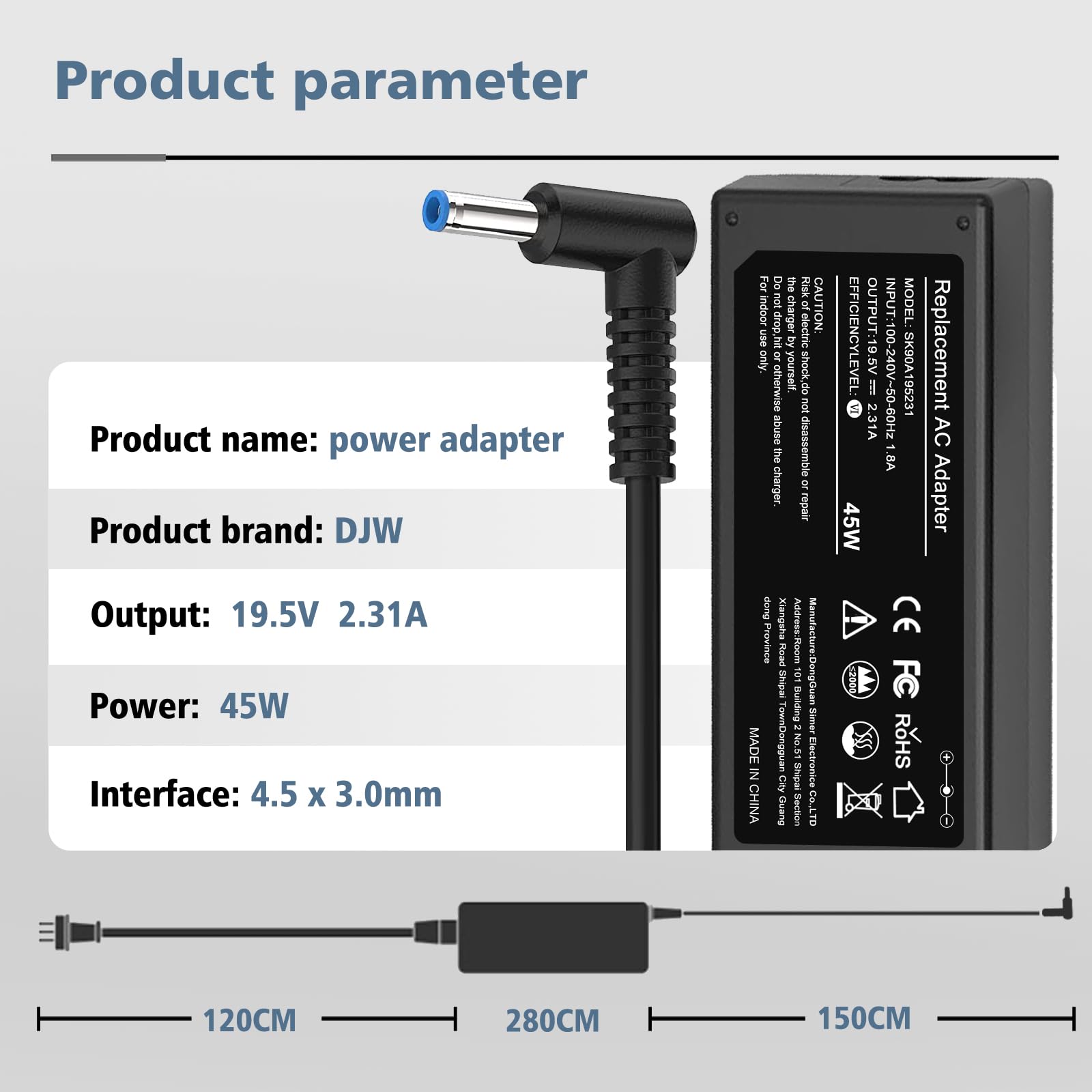 45W Smart Blue Tip Power Adapter Charger for HP Laptop - Fast Charging, Compatible with HP Pavilion, Envy, ProBook - Perfect for Home, Office & Travel Use