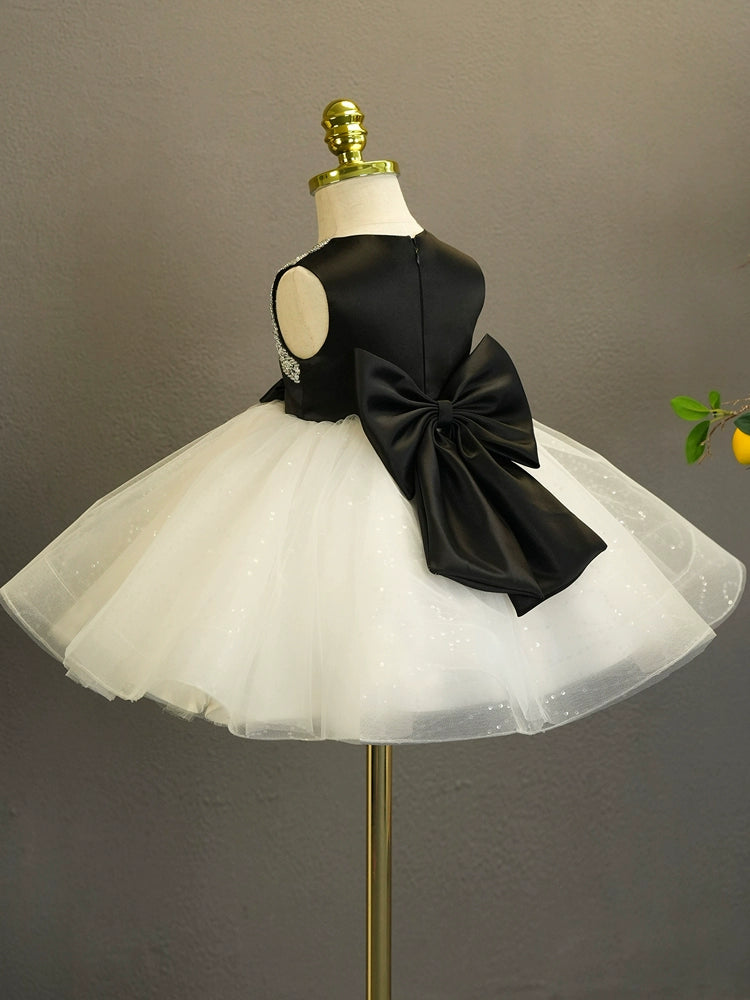 Black Princess Round Tea Length Satin Flower Girl Dress for Weddings, Flower Girls & Special Occasions