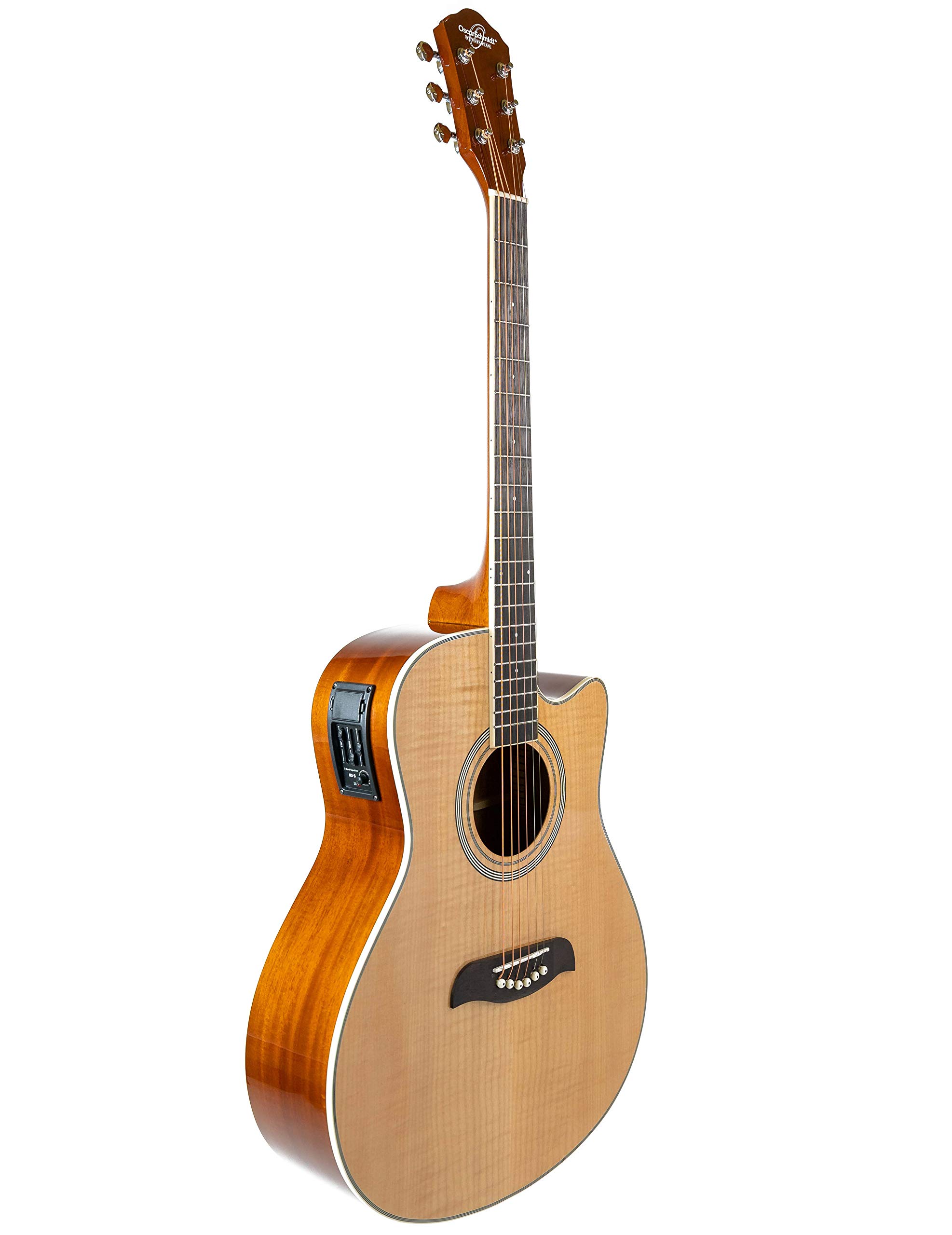 Oscar Schmidt OA10CE Mini Auditorium Acoustic-Electric Guitar Bundle - Natural Finish with Cable, Tuner, Strap, Picks, Instructional Book & Accessories | Perfect for Beginners, Travel & Live Performances