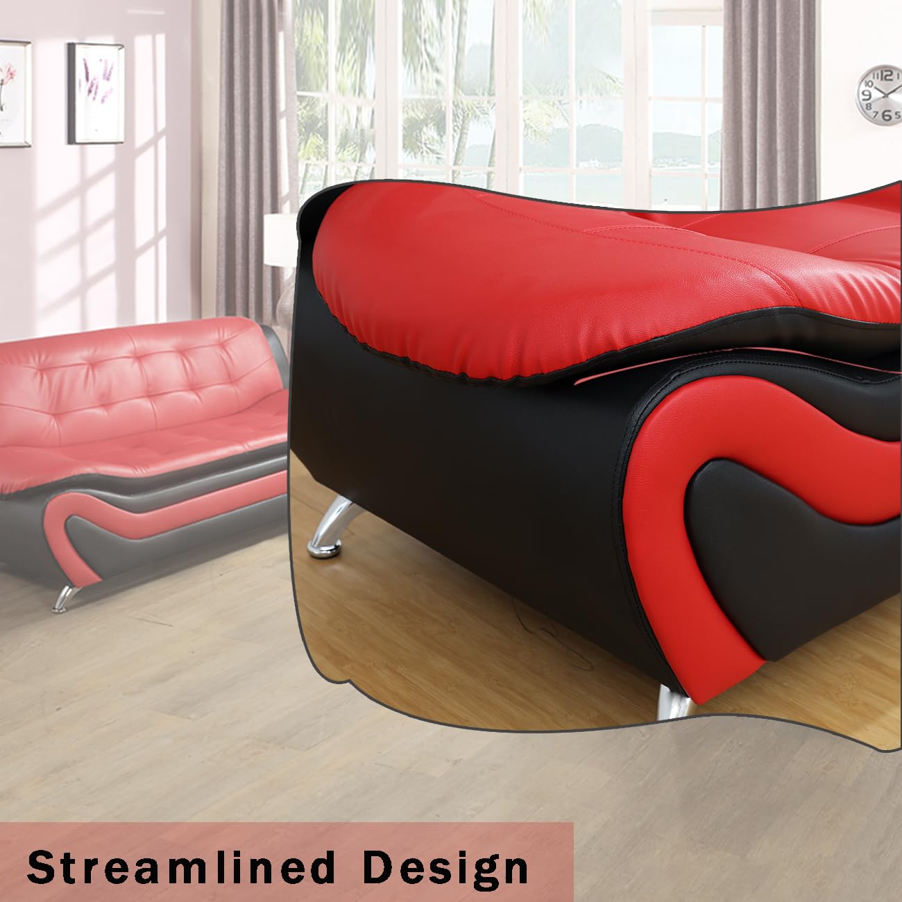 Premium Genuine Leather Couches for Living Room - 3-Piece Sofa Set (Sofa, Loveseat & Chair) in Black & Red - Modern Apartment & Bedroom Furniture for Comfortable Lounging & Entertaining