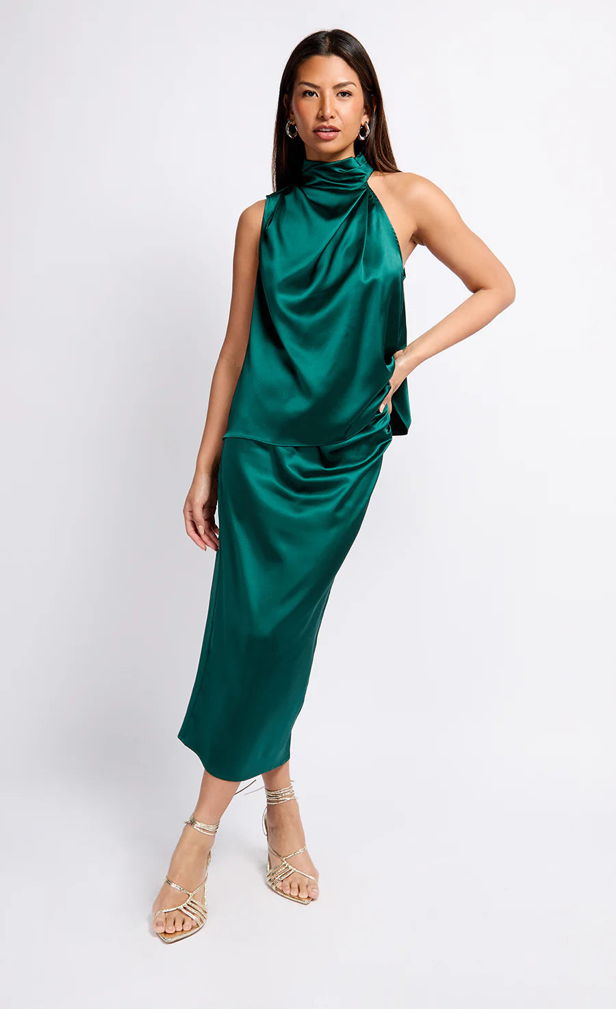 Aubrey Satin Drape Top for Women - Elegant Green Blouse for Party & Evening Wear - Soft Flowy Shirt for Date Night & Special Occasions