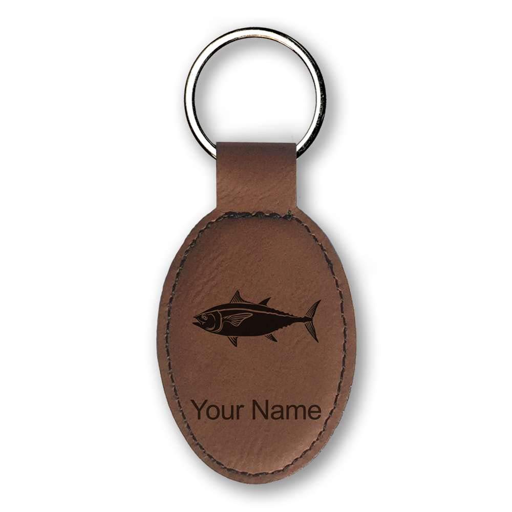 Personalized LaserGram Oval Keychain - Custom Engraved Tuna Fish Design (Dark Brown) | Unique Gift for Fishing Enthusiasts & Marine Lovers