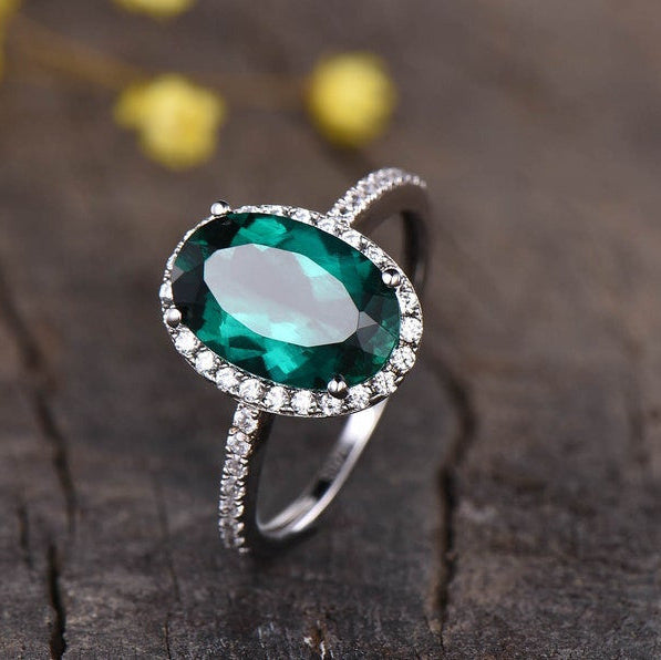 Vintage Emerald and Diamond Halo Wedding Ring - 8x11mm Oval Cut Emerald with Half Eternity Diamond Band in 14K White Gold - Perfect for Engagement, Anniversary, and Bridal Jewelry Gifts