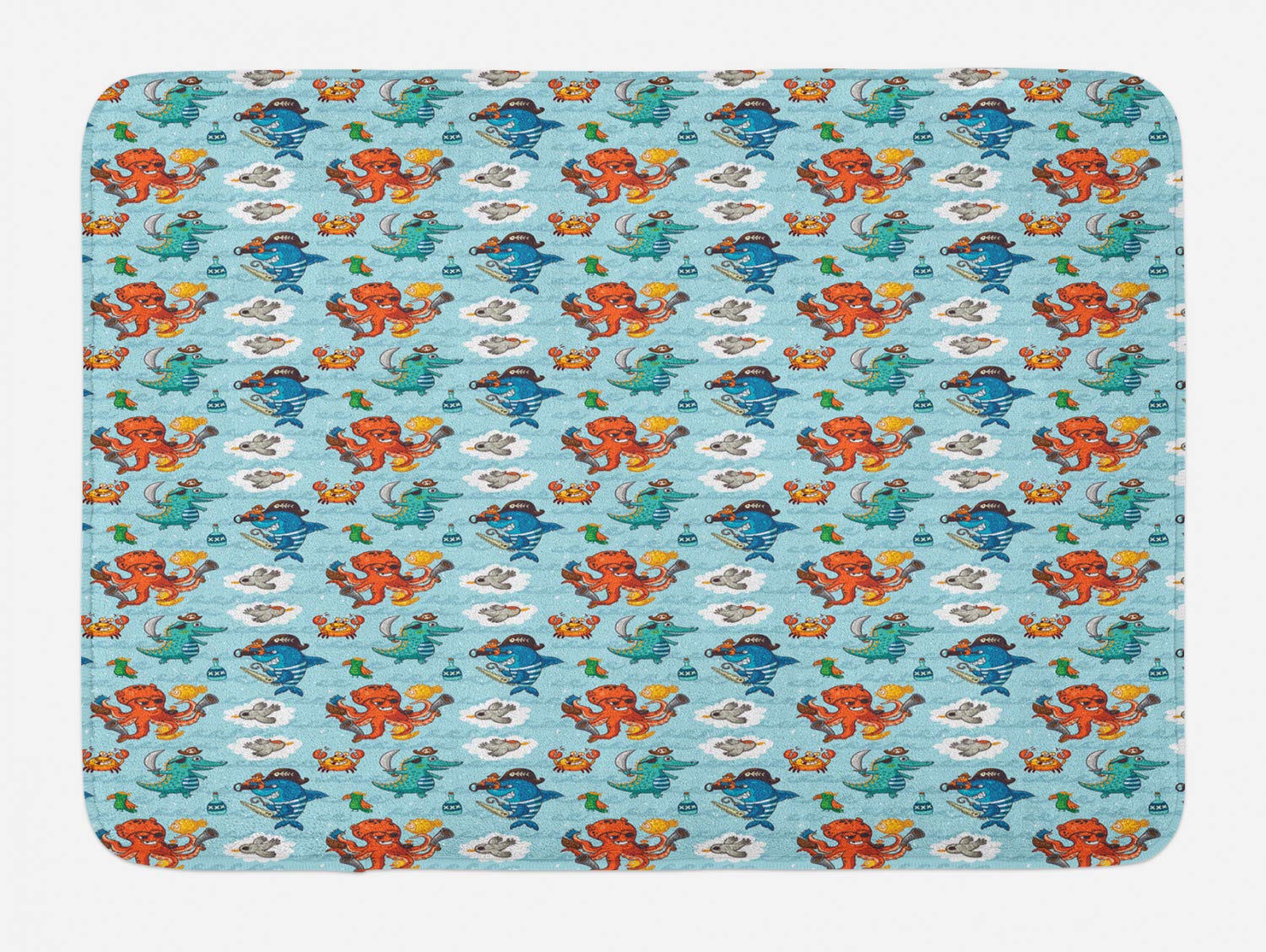 Ambesonne Pirates Bath Mat - Non-Slip Plush Bathroom Rug with Cartoon Design (Crocodile, Octopus, Shark, Crab, Seagulls, Parrot, Rum Bottle) 30.2