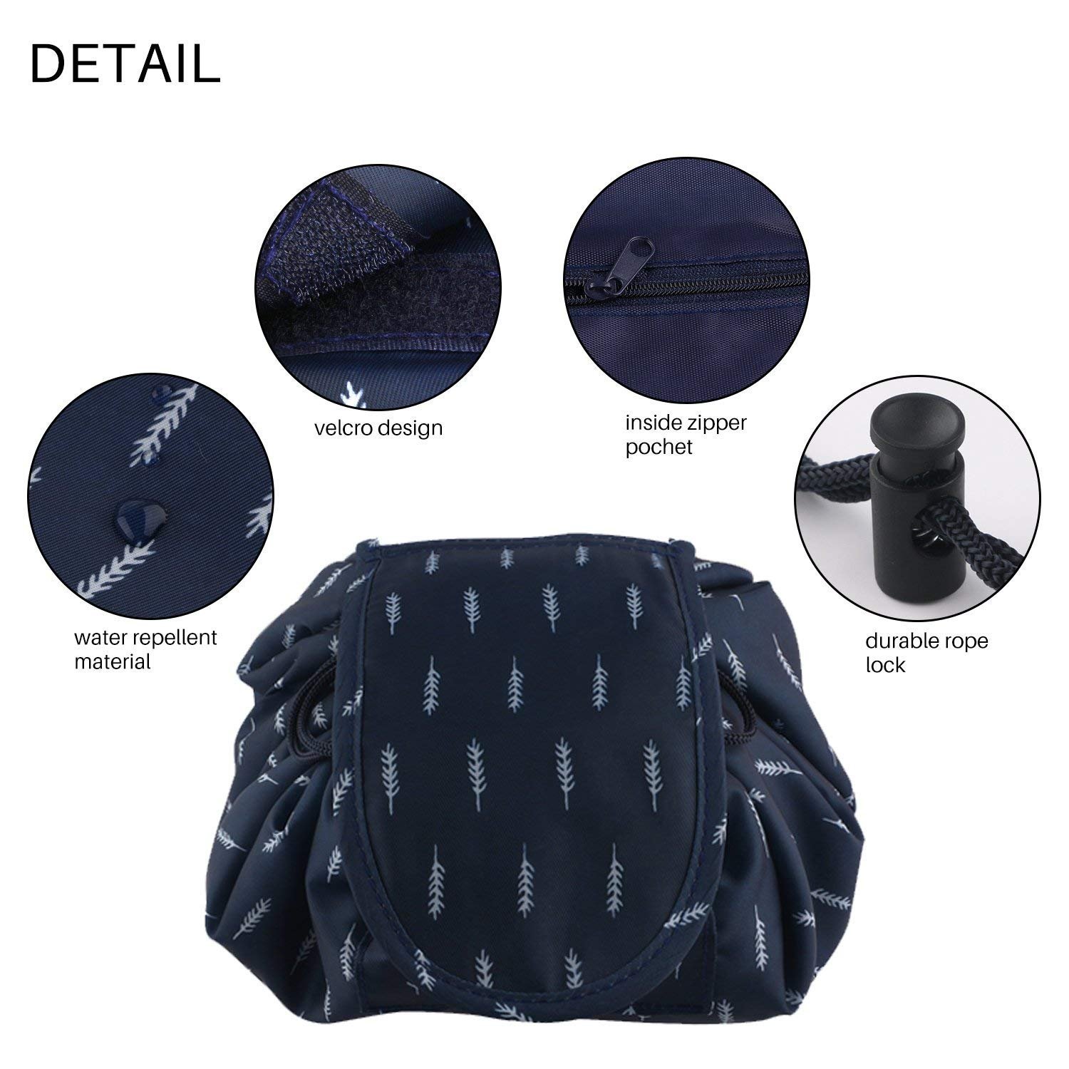 Dark Blue Leaf Drawstring Makeup Bag - Portable Travel Cosmetic Pouch for Toiletries & Multifunctional Storage | Perfect for Travel, Gym & Daily Organization