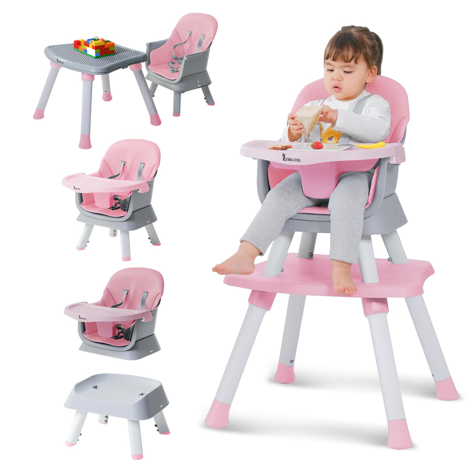 8-in-1 Convertible Baby High Chair with Removable Tray - Toddler Learning Table, Building Block Activity Center & Kids Stool Set (Pink) - Perfect for Mealtime, Playtime & Early Childhood Development