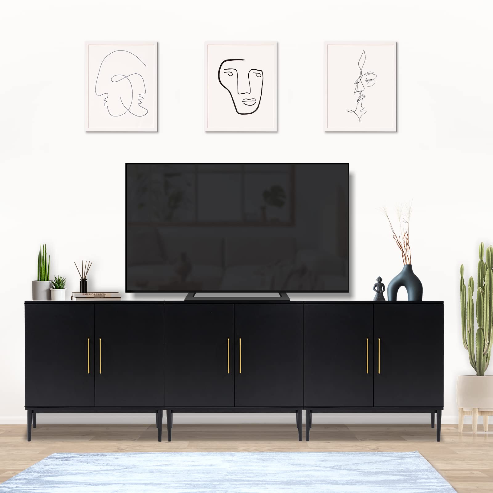 Modern Wood Storage Cabinet - Free Standing Buffet Sideboard with Wood Accent for Living Room, Hallway, Entryway, Dining Room & Bedroom - Stylish Black Storage Solution for Home Organization & Decor