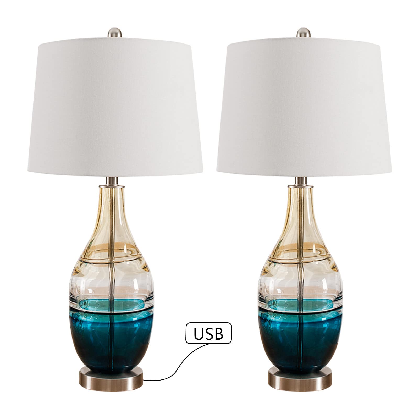 Modern Glass Table Lamps Set of 2 with USB Charging Port - 3-Way Dimmable Nightstand Lights for Bedroom & Living Room - ETL Certified Bedside Lamps with White Shade in Blue & Gold Finish - Perfect for Reading, Relaxing and Charging Devices