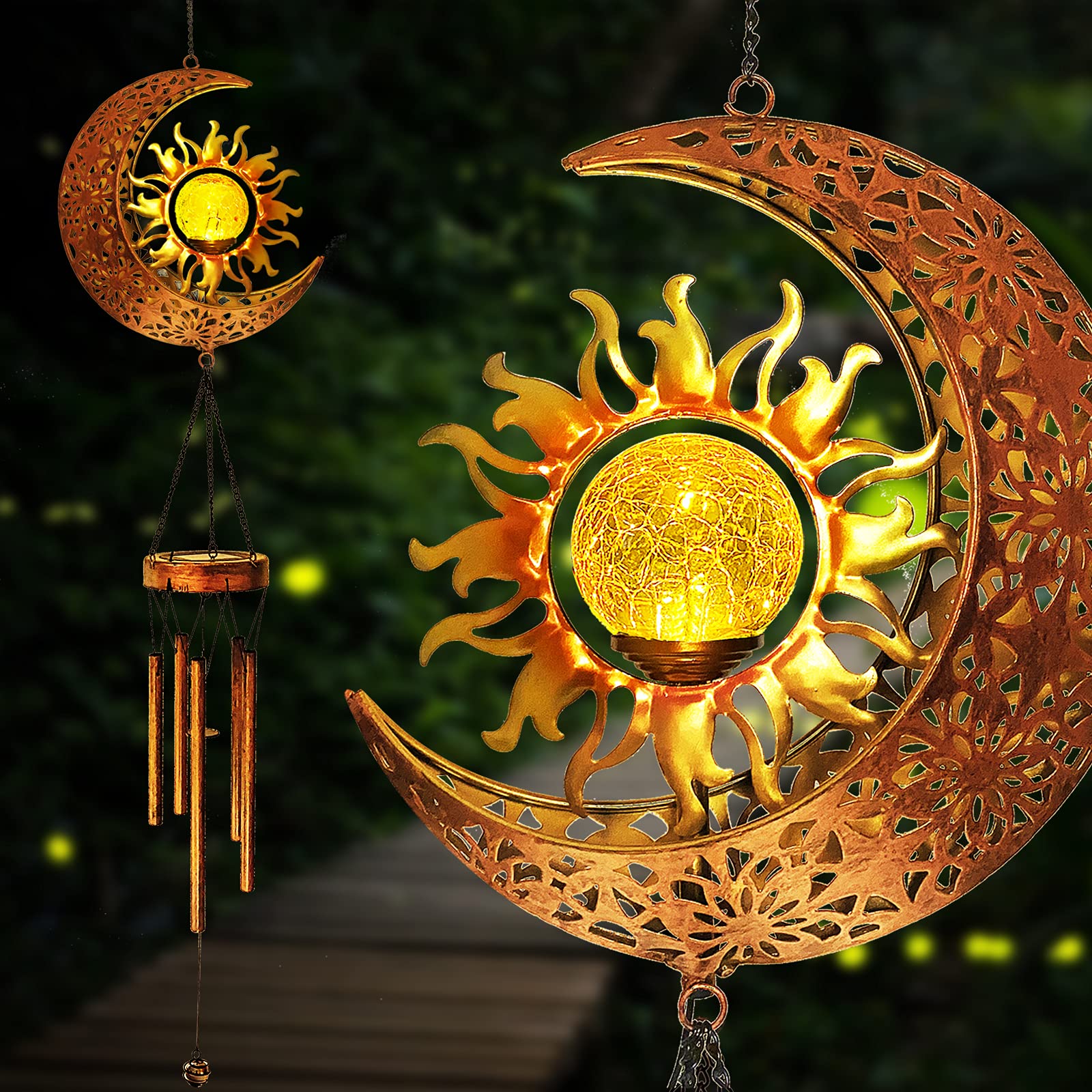 Solar Powered Wind Chimes with Crackle Glass Ball - Waterproof Outdoor Hanging Decor for Garden, Patio, Yard - Warm LED Light Wind Chimes Perfect as Birthday Gifts for Women, Mom, Grandma - Ideal for Relaxing in Backyard, Porch Decor & Soothing Wind Sounds