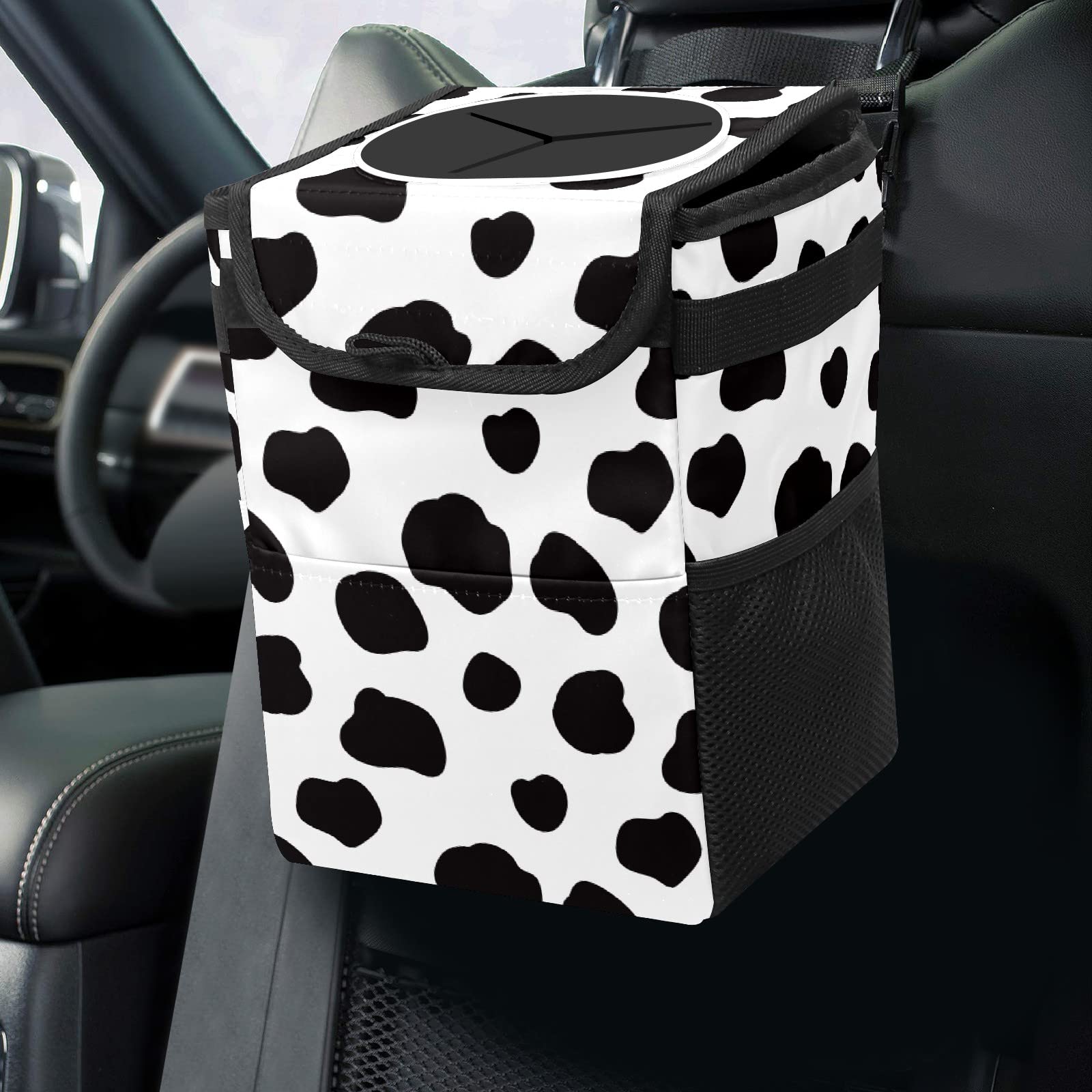 Black and White Cow Print Collapsible Car Trash Can with Lid - Reusable Waterproof Auto Garbage Bin for Car, Truck & SUV - Perfect for Road Trips, Commuting & Keeping Vehicle Interior Clean