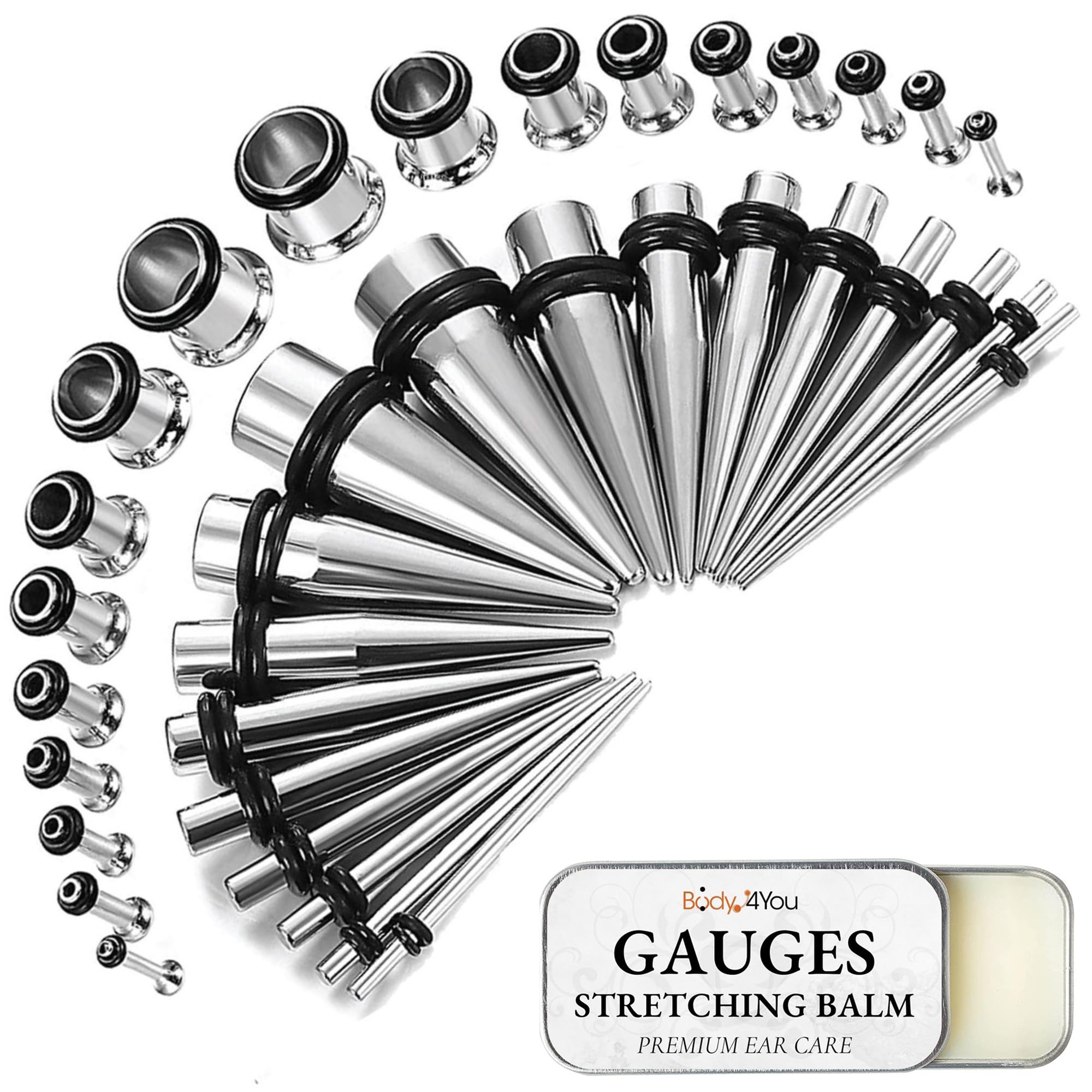 BodyJ4You 37PC Ear Stretching Kit for Beginners - 14G to 00G Gauges with Steel Tapers, Single Flare Plugs & Screw Fit Tunnels - Includes Aftercare Balm Wax - Perfect for Men & Women Ear Piercing Jewelry - Ideal for Ear Stretching, Daily Wear and Alternative Fashion Styles
