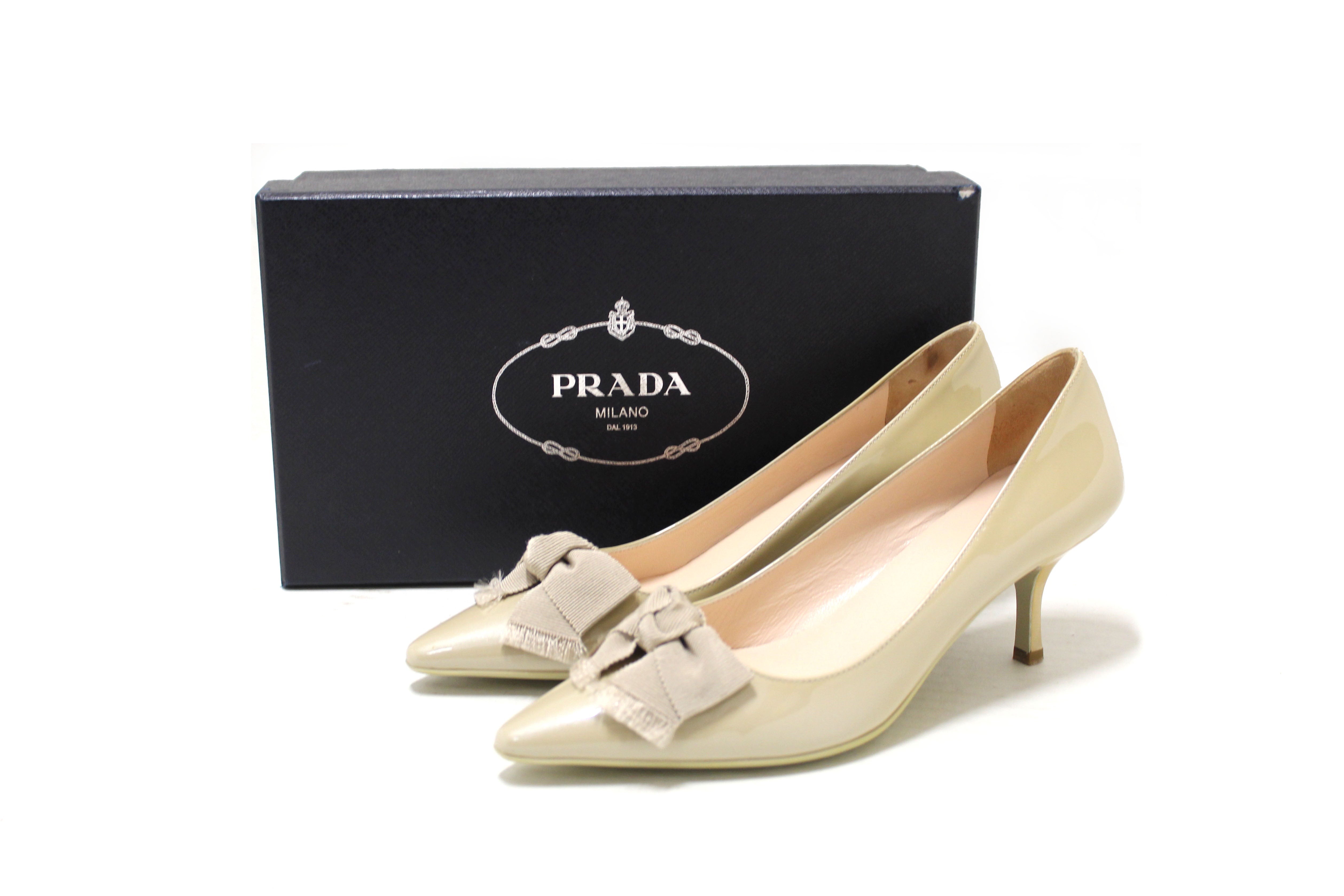 Authentic Prada Women's Bow Patent Leather Kitten Heel Shoes - Shimmer Beige Size 37 | Elegant Dress Shoes for Weddings, Parties & Office Wear