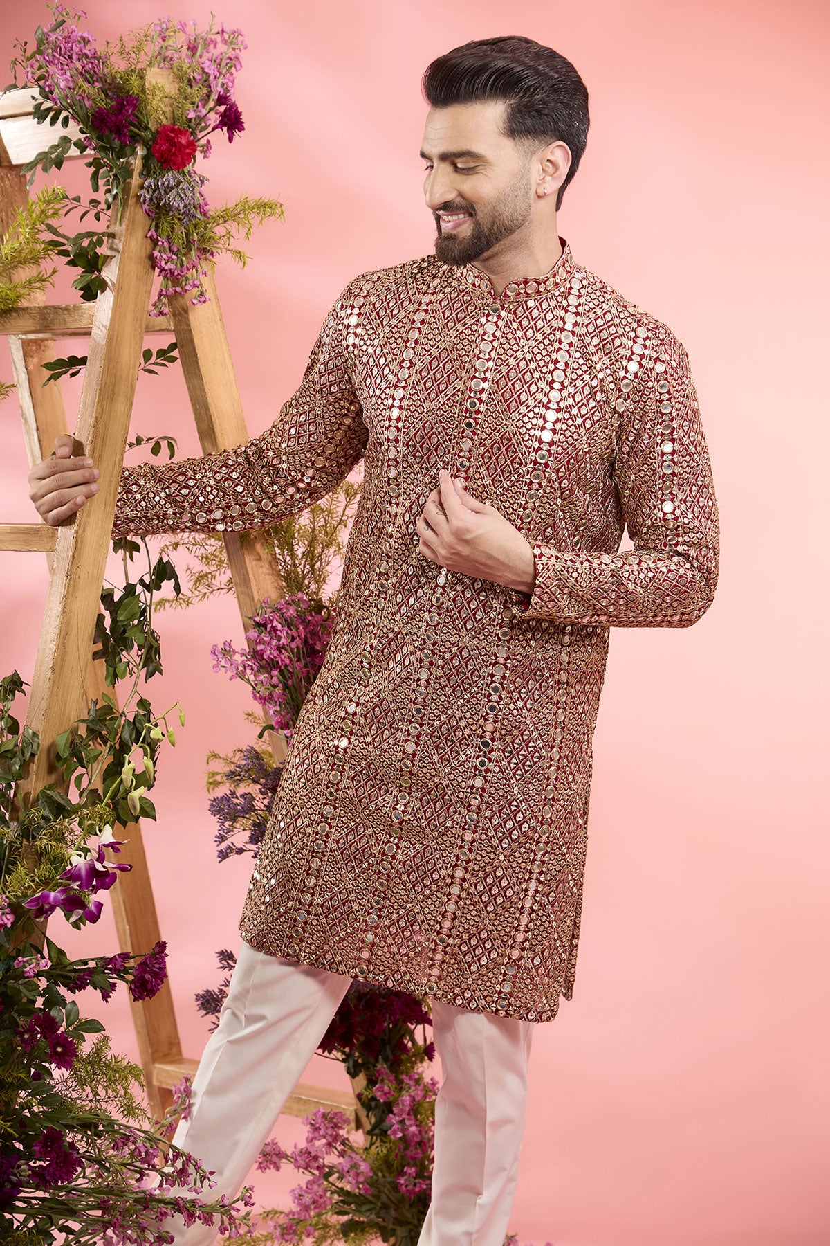 Elegant Red Georgette Mirror Work Kurta for Women - Indian Embroidered Tunic Top - Perfect for Festivals, Weddings & Special Occasions